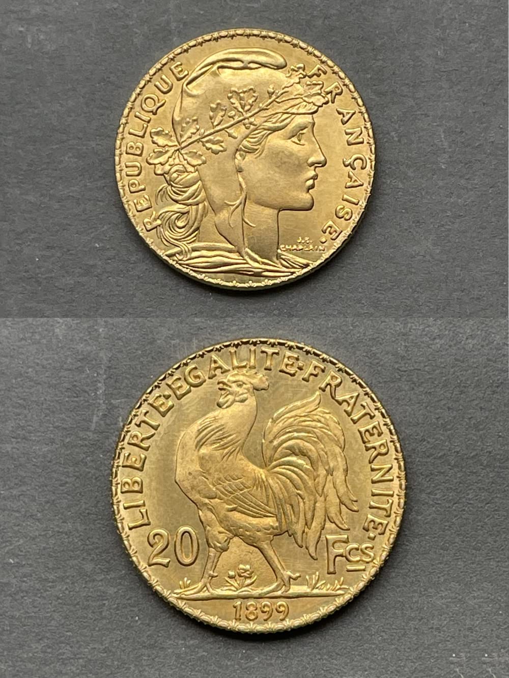 Réplique de haute qualité de la pièce historique France 1899 20 Francs Or Marianne Coq Troisième République en laiton.
