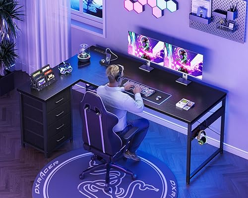 Miniatura 7 de AODK Escritorio para juegos en forma de L con 4 cajones, escritorio reversible de oficina en casa de 61 pulgadas con tomas de corriente, escritorio