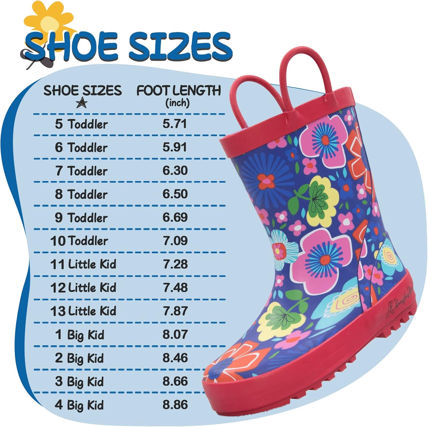 K KomForme Kids Rain Boots Waterproof Printed Rubber boots with Handles 9 Toddler Spring