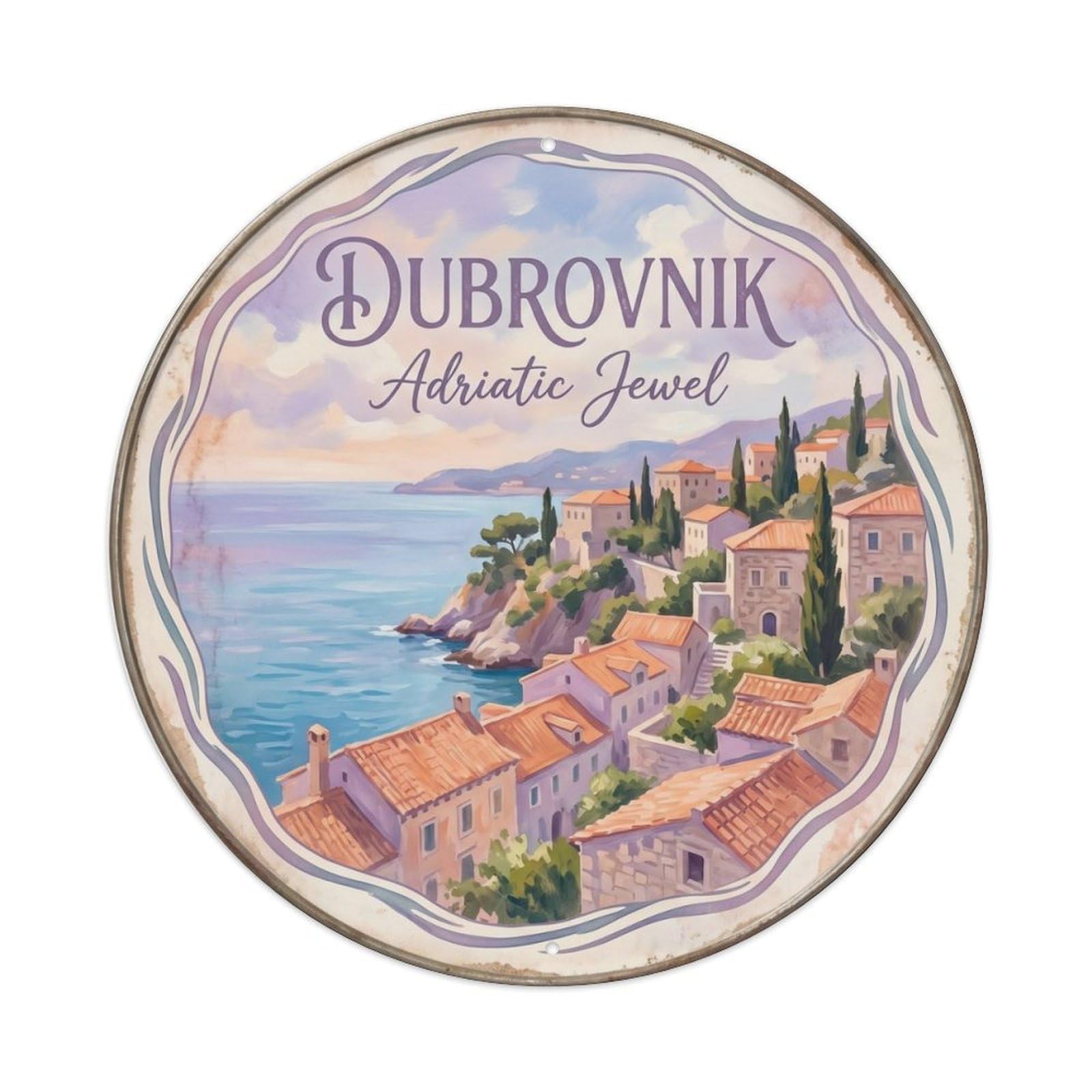Vintage Travel Dubrovnik Croatia Coast Metal Tin Sign Plaque Wall Decor for Cafe, Club, Garden Round Metal Poster 8x8Inch