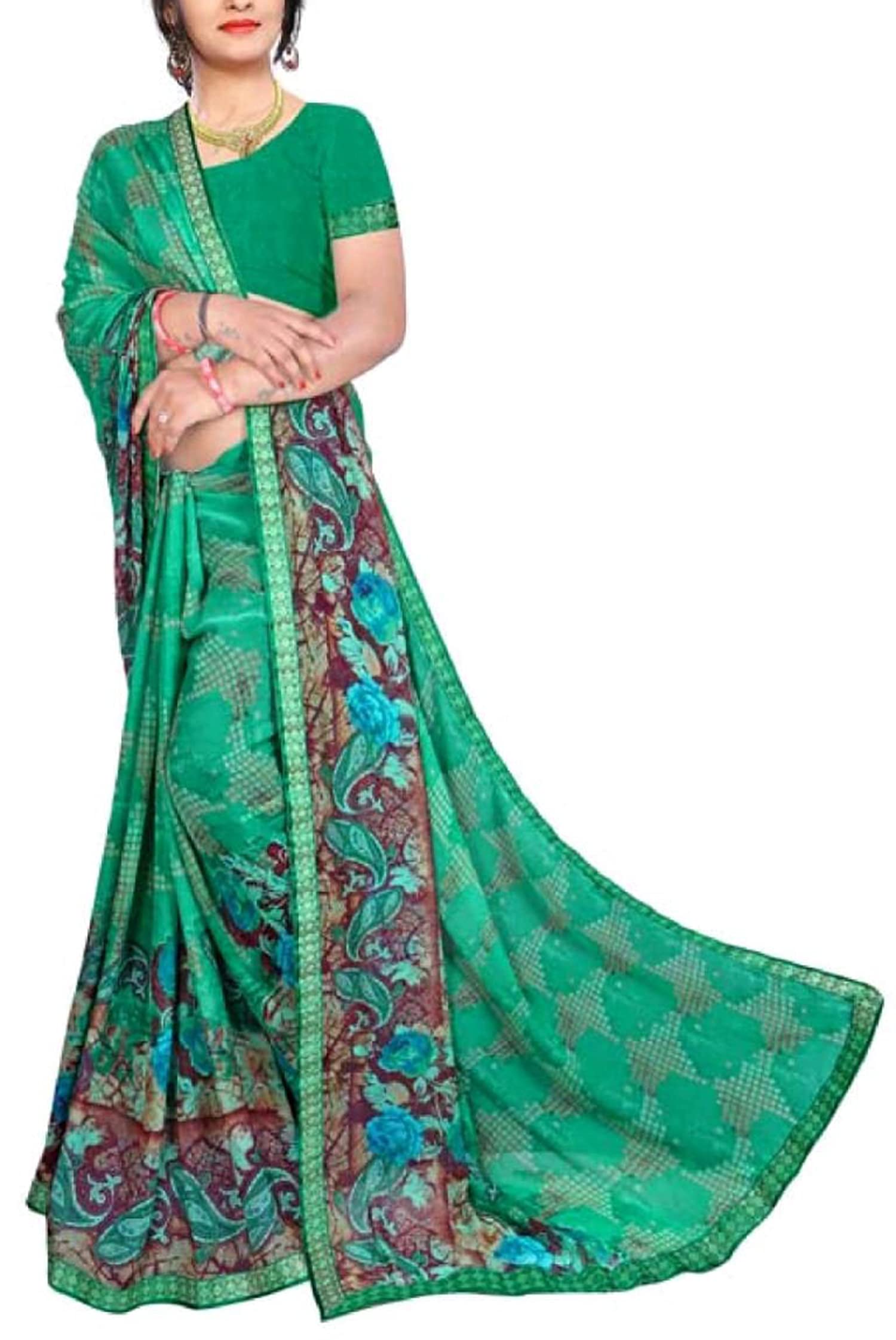NFK Women's Chiffon Sarees With Attached Blouse(Green_6.3Meters)