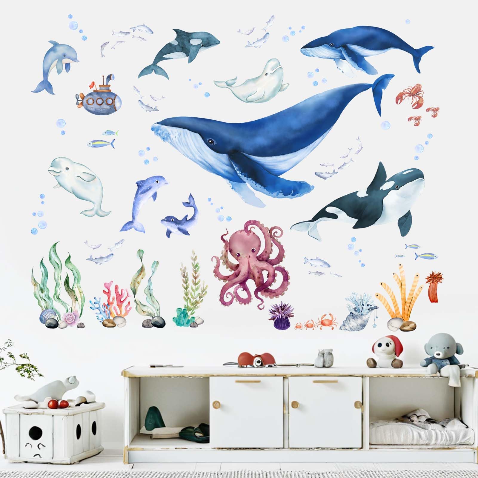 Ocean Animal Wall Decals Under The Sea Animals Large Decals Kids Room,  Watercolor Handdrawn Nautical Wall Stickers Ocean Themed Playroom, Unique  Eco Coastal Decals Girls Room Decor, image size:1601x1601