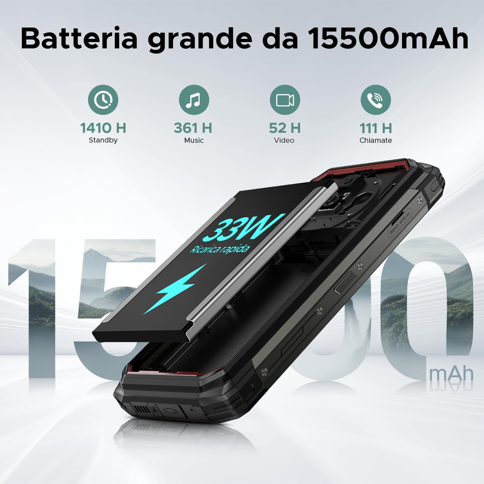 DOOGEE Fire 6 Power Rugged Smartphone, 20GB+256GB/TF 2TB Telefono Indistruttibile, 6.6" 15500mAh/33W Octa-Core Cellulare indistruttibile, OTG Ricarica inversa da 18W, 50MP/IP68/Dual SIM/NFC/Face ID