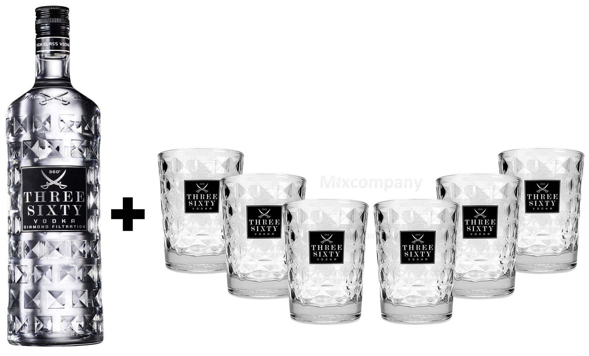 Three Sixty Set Geschenkset ? Three Sixty Vodka Wodka 1L 1000ml (37,5% Vol) + 6x Tumbler 0,2l 200ml Facettenschliff Glas- [Enthält Sulfite]