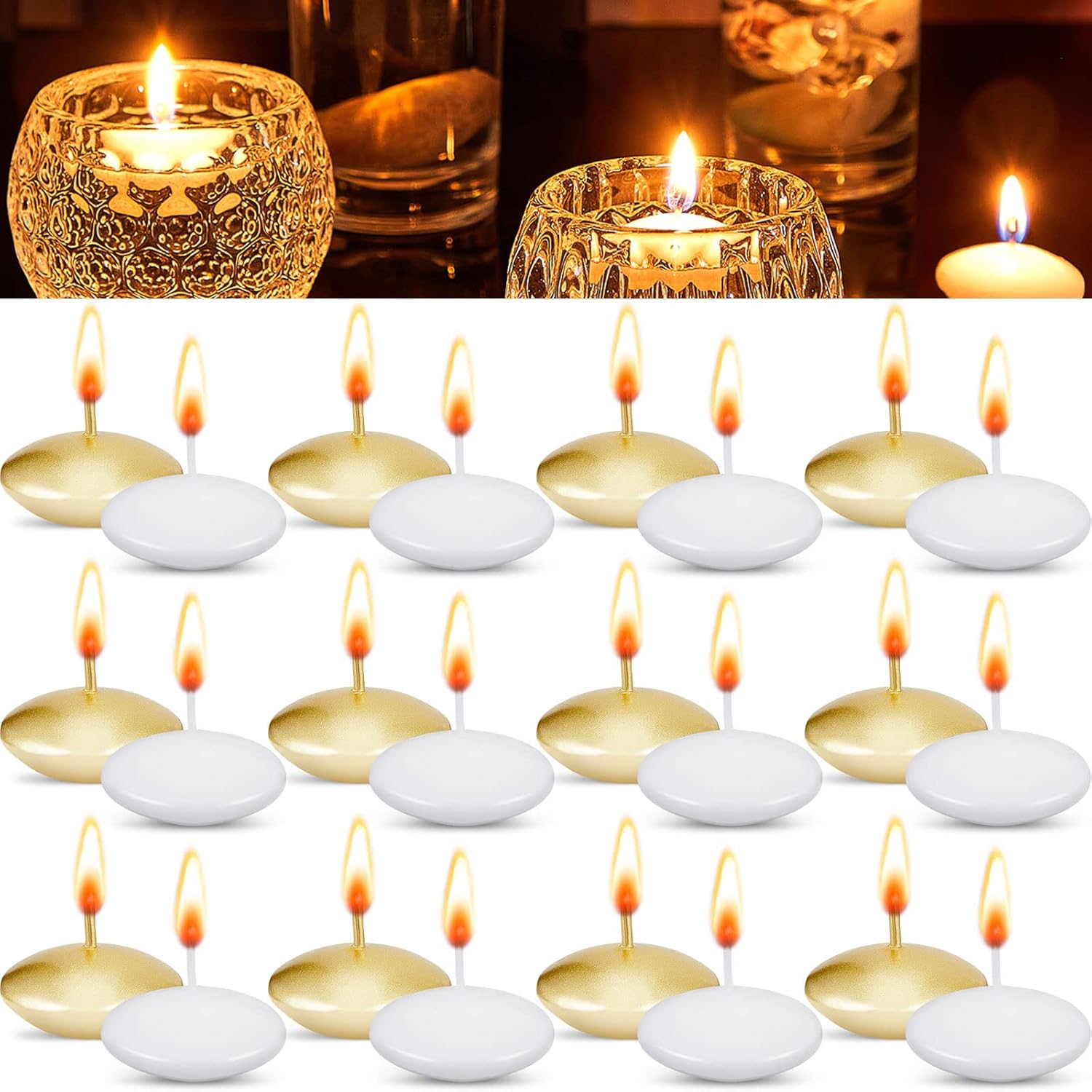 90 Pieces White and Gold Floating Candles Unscented Dripless Wax Discs