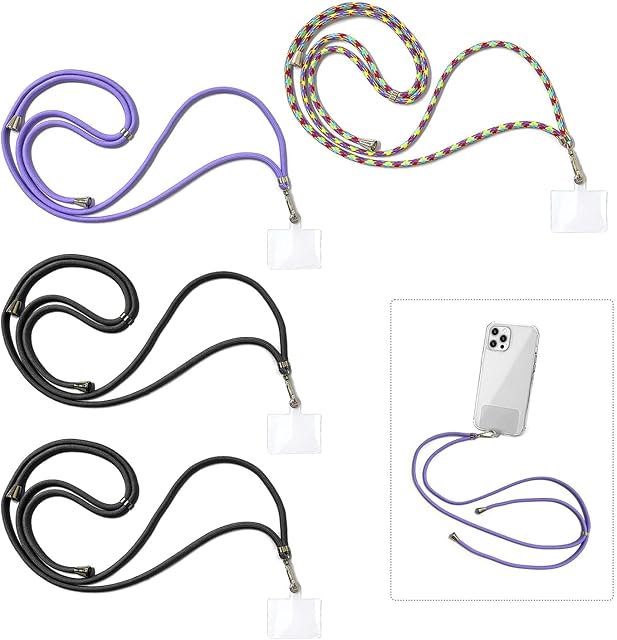 4pcs Universal Hanging Neck Phone Strap, Phone Chain with Key Chain and Neck Strap Compatible with Most Smartphones for Phone Cases (2 Black Plus 1 Rainbow Plus 1 Purple)