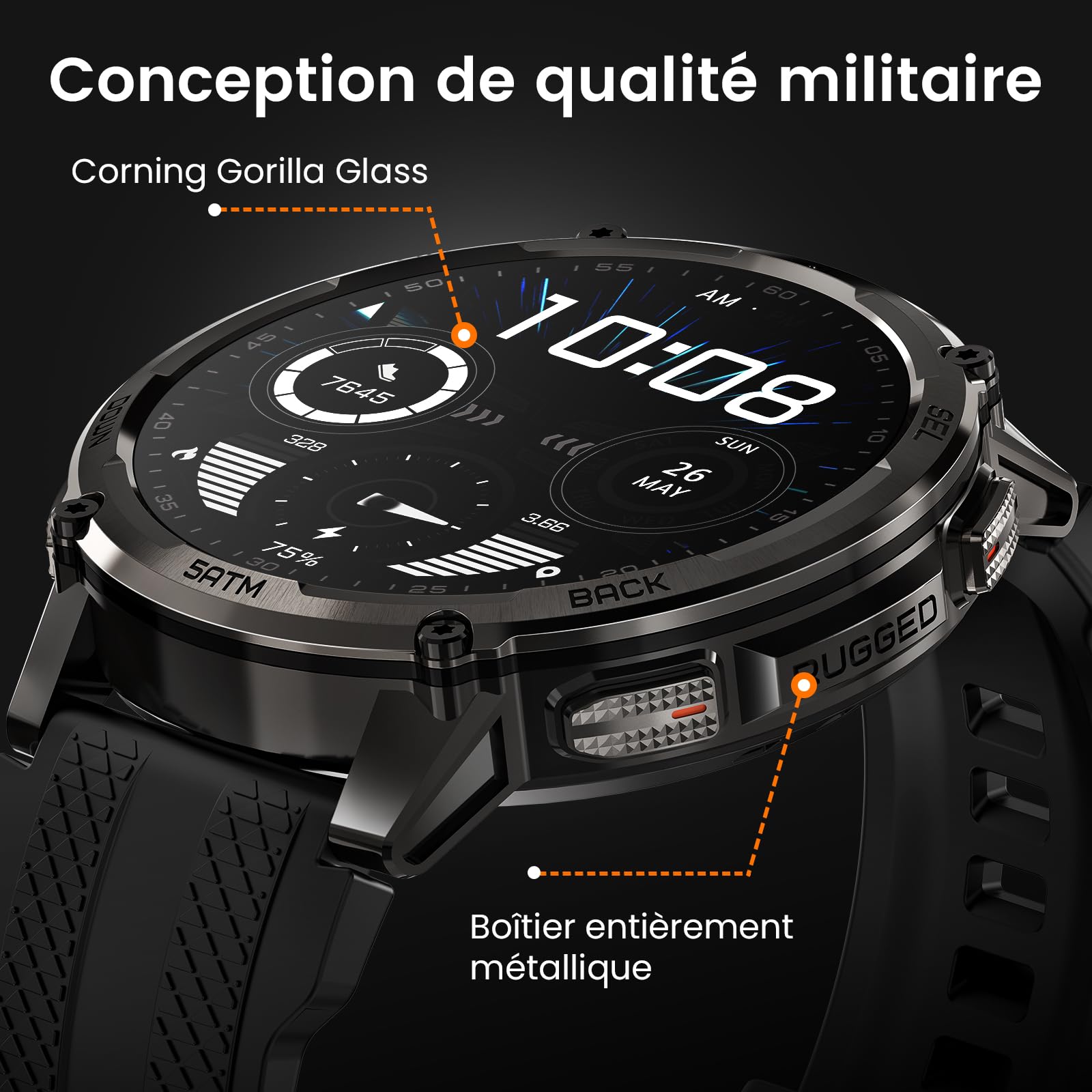 KOSPET Tank T4C GPS Montre Connectée Homme, Lampe Torche LED, Talkie-Walkie | Étanche 5 ATM et IP69K, 1,5'' AMOLED, Autonomie 15 jours, Suivi de Santé & Sommeil, 170+ Mode Sport, Compatible Android & iOS