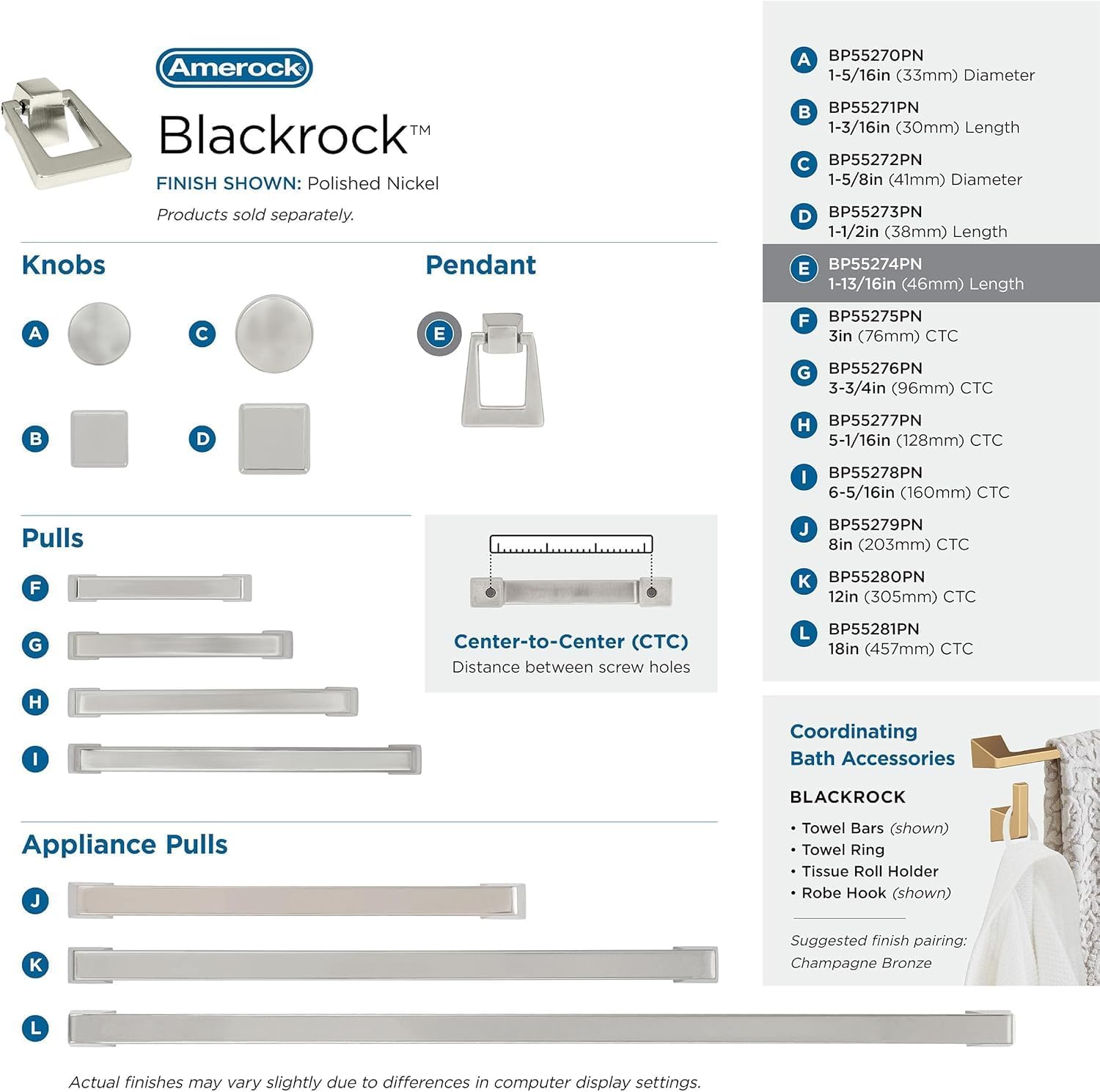 Amerock | Cabinet Pendant | Polished Nickel | 1-13/16 inch (46 mm) Length | Blackrock | 1 Pack | Cabinet Knob | Drawer Knob | Cabinet Hardware