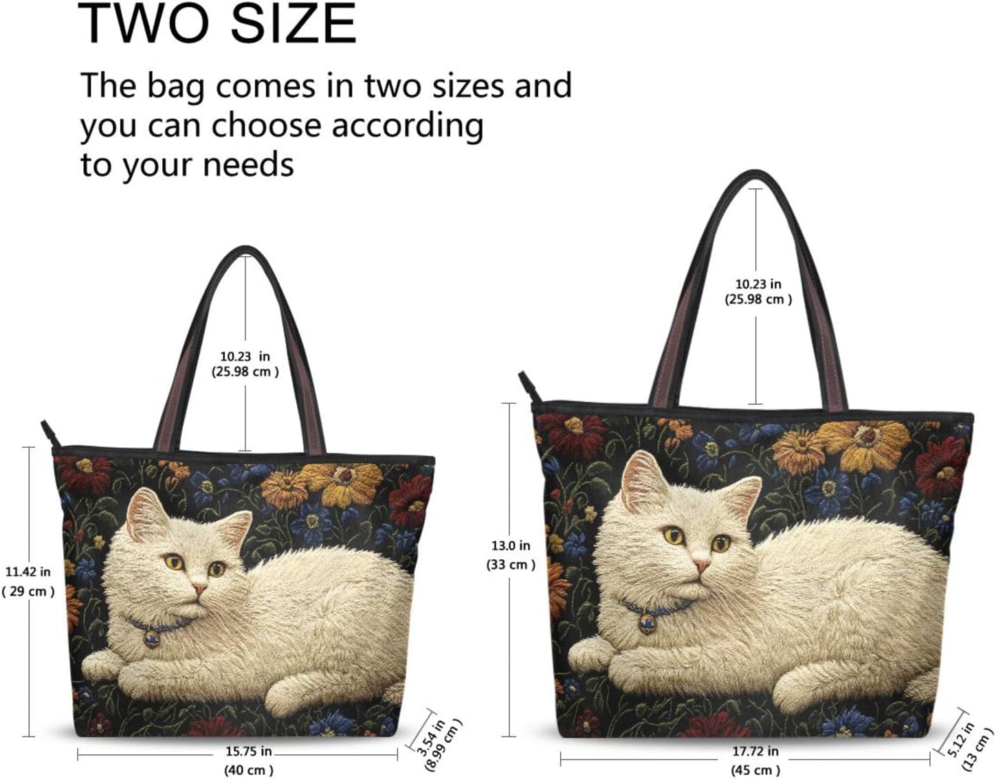 Womens Tote Bags Floral Cat White Print Reusable Grocery Handbag Bags with Zipper Large Size