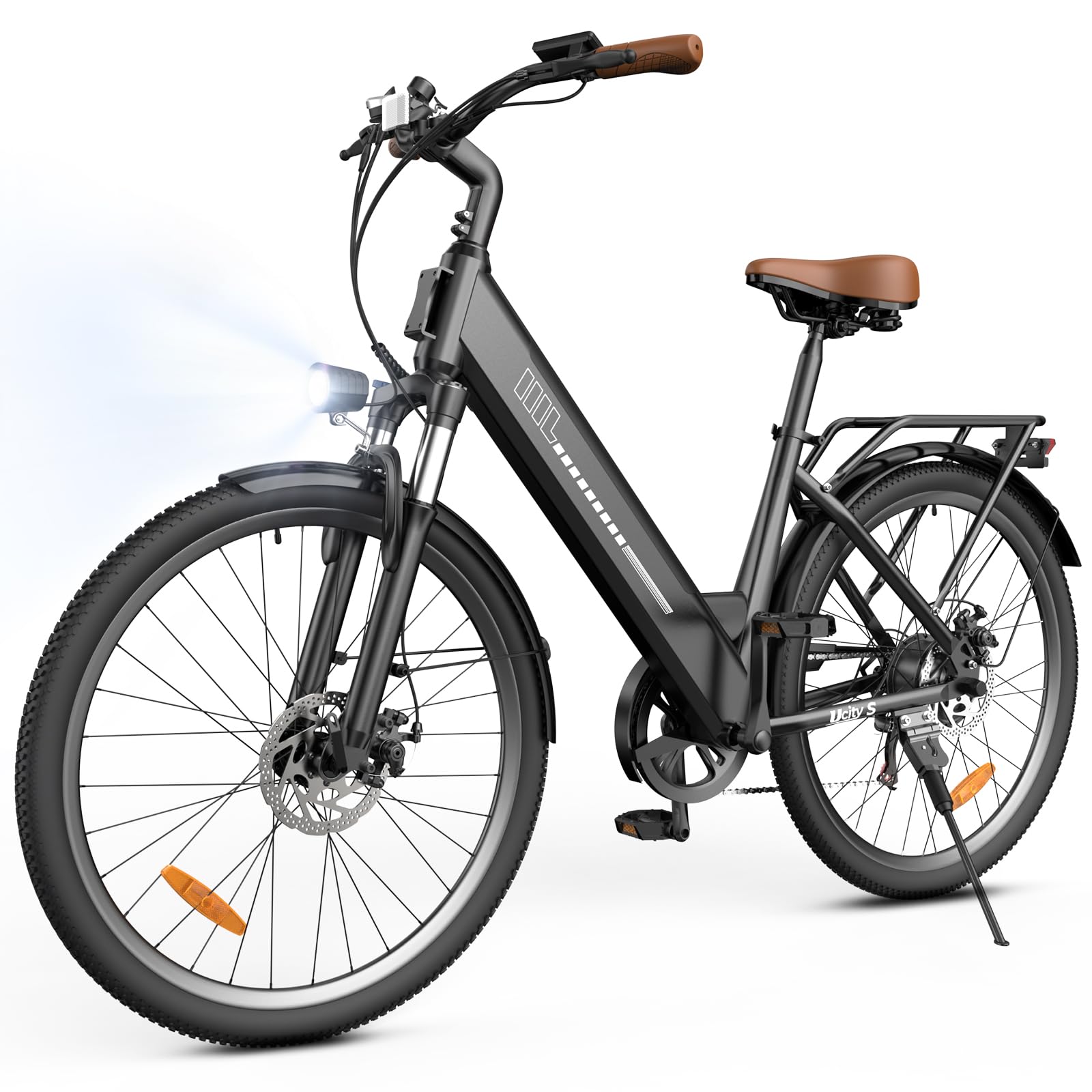Finbike 26 Zoll E Bike für Erwachsene, 7-Gang Elektrofahrrad mit abnehmbarem 36V 13Ah Akku, 25 km/h und 70KM Reichweite, voll ausgestattet mit Ablagen, Autolampen und Stoßdämpfung