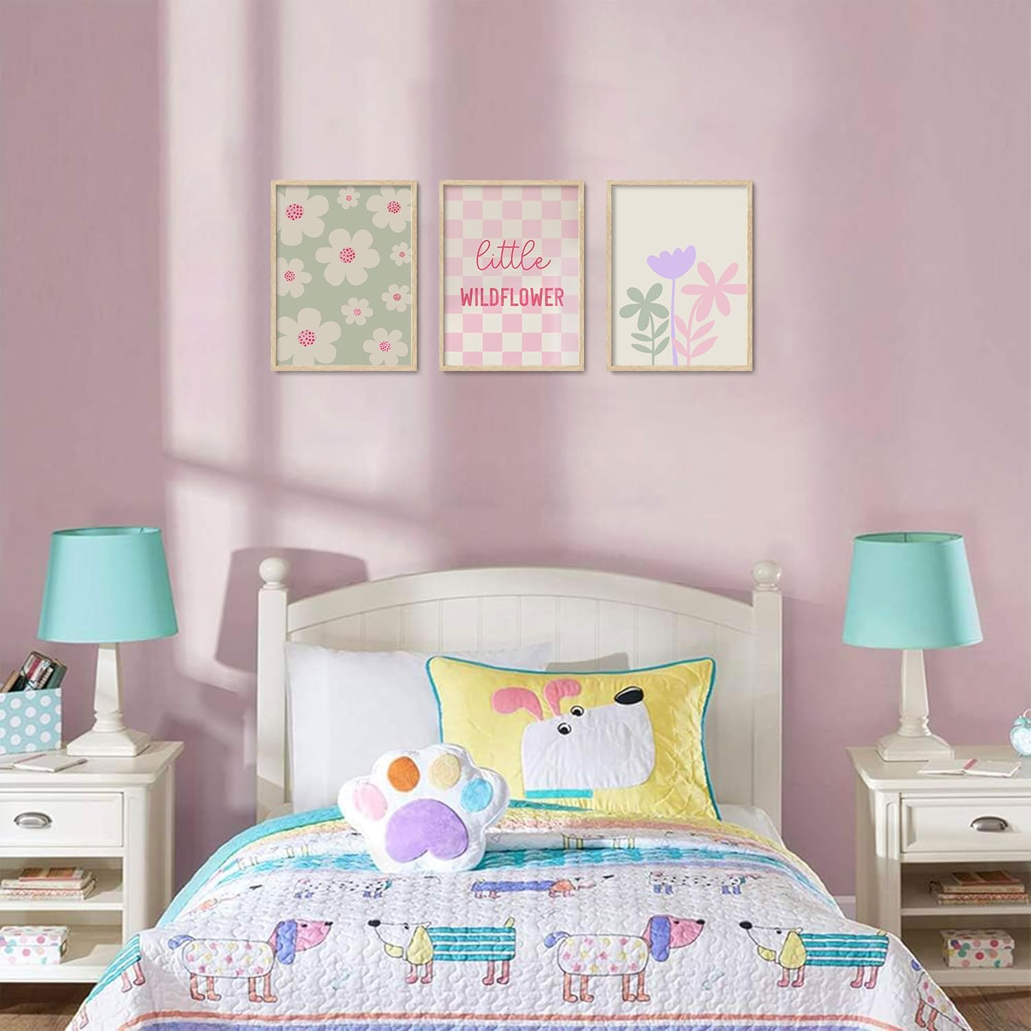 SongZest 3 Piece Framed Wall Art Wildflower Wall Decor Cute Canvas Art Floral Pictures Daisy Paintings Checkered Prints Retro Artwork for Nursery Playroom Children Kids Baby