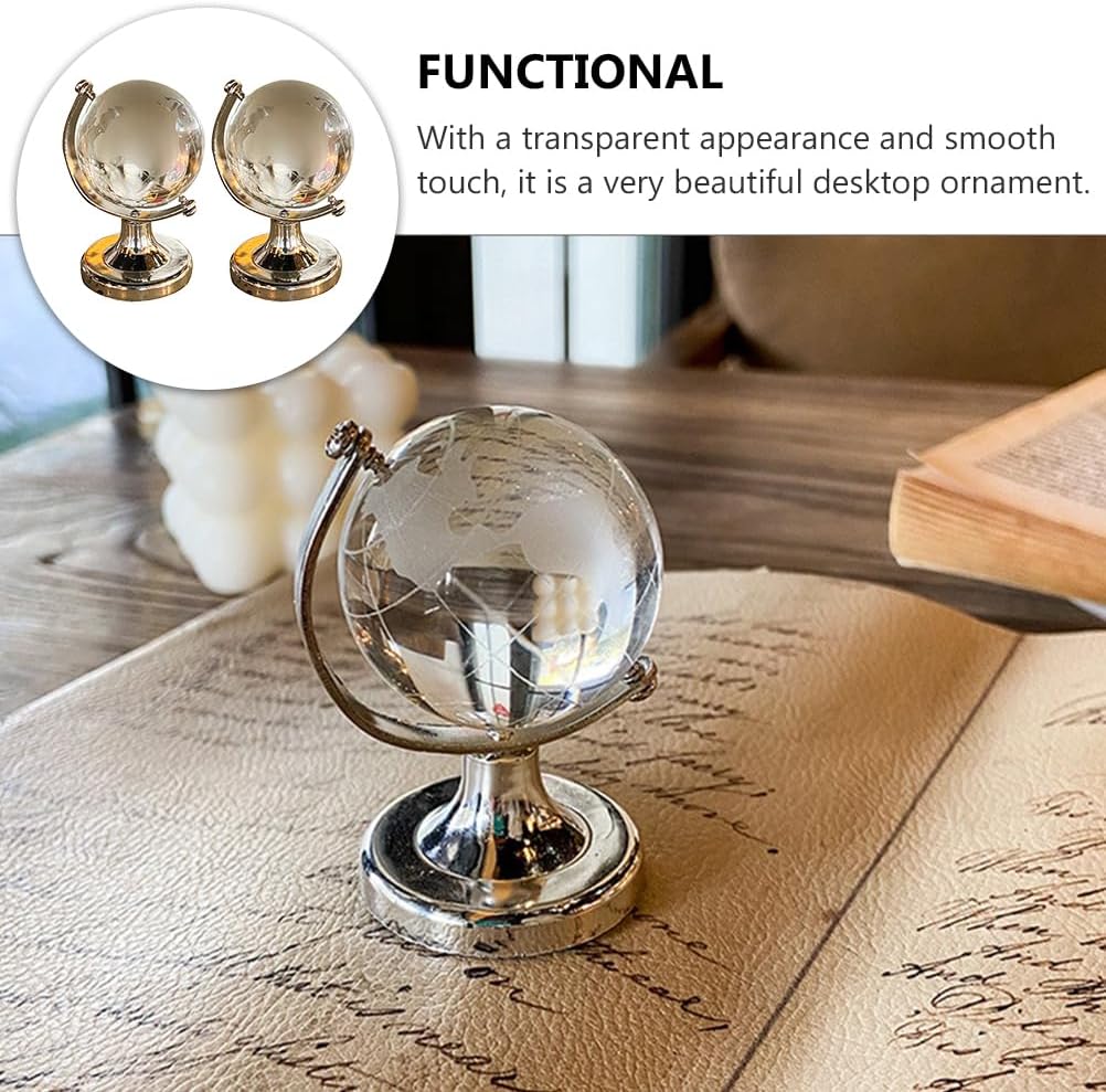NOLITOY 3D World Globe Crystal Glass Ball, 2 Pcs Sphere Miniature Map with Stand Art Decor Desktop Ornament for Bedroom Birthday Creative Present Souvenir (2.36 Inch)