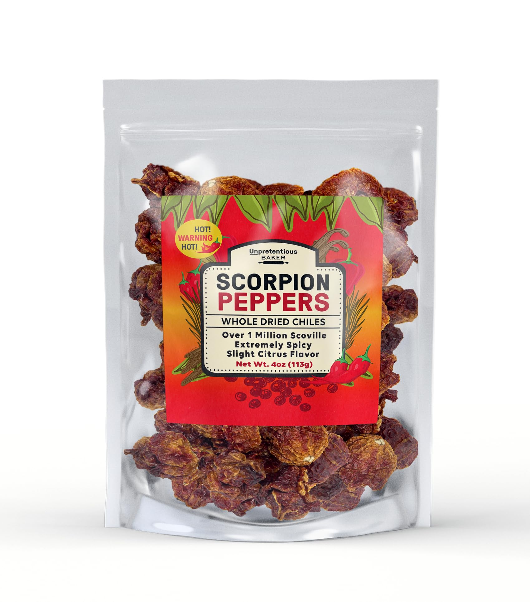 Unpretentious Whole Scorpion Peppers, 4 oz, Extremely Spicy, Hot Chile Peppers