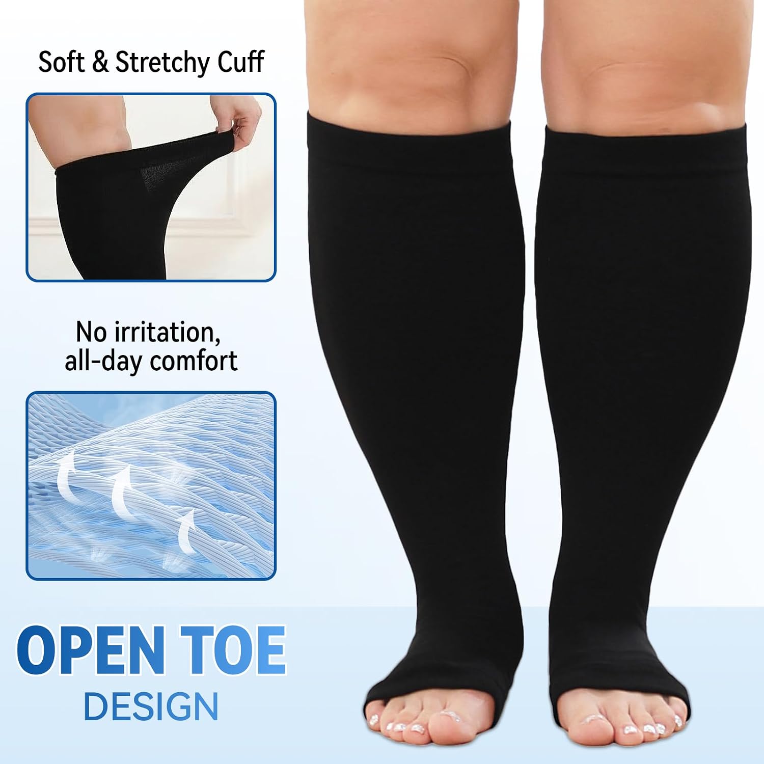 Plus Size Toeless Compression Socks 20-30mmHg Wide Calf for Men Women, Open Toe Stockings for Circulation, Edema, Varicose Veins, Nursing, Travel, Running(3 Pairs)