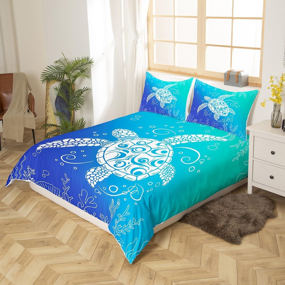 Feelyou Sea Turtle Bedding Set Twin Size Kids Ombre Art Comforter Cover Set for Boys Girls Teens Marine Themed Duvet Cover Underwater Animal Bedspread Cover Ocean Creature Quilt Cover