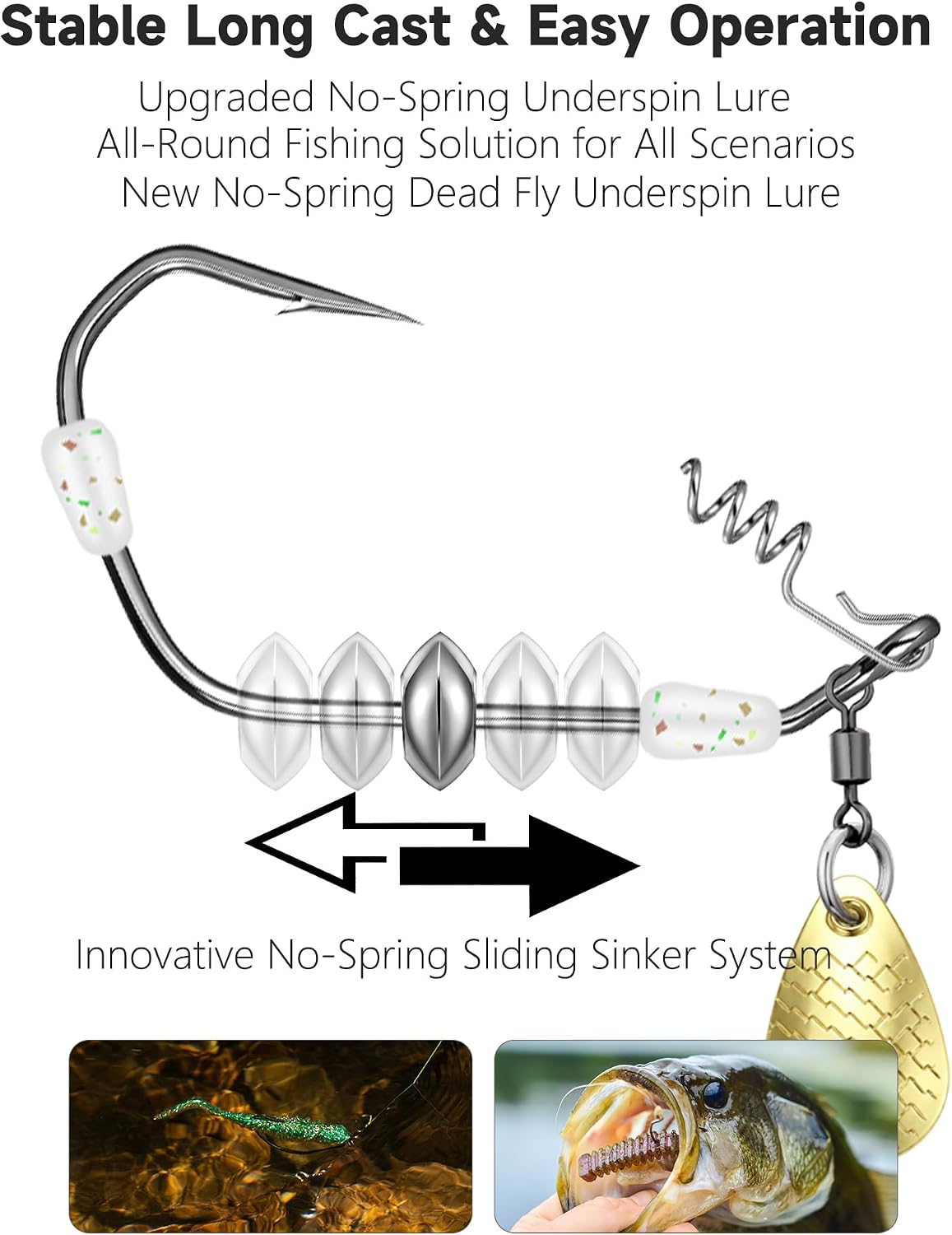 Underspin Lure Rig, Weedless Twist Lock Bass Hook, Stackable SS Sliding Sinker, EWG Weighted Worm Hooks for Largemouth Smallmouth Bass Fishing Fresh Saltwater Bass Lure Tackle