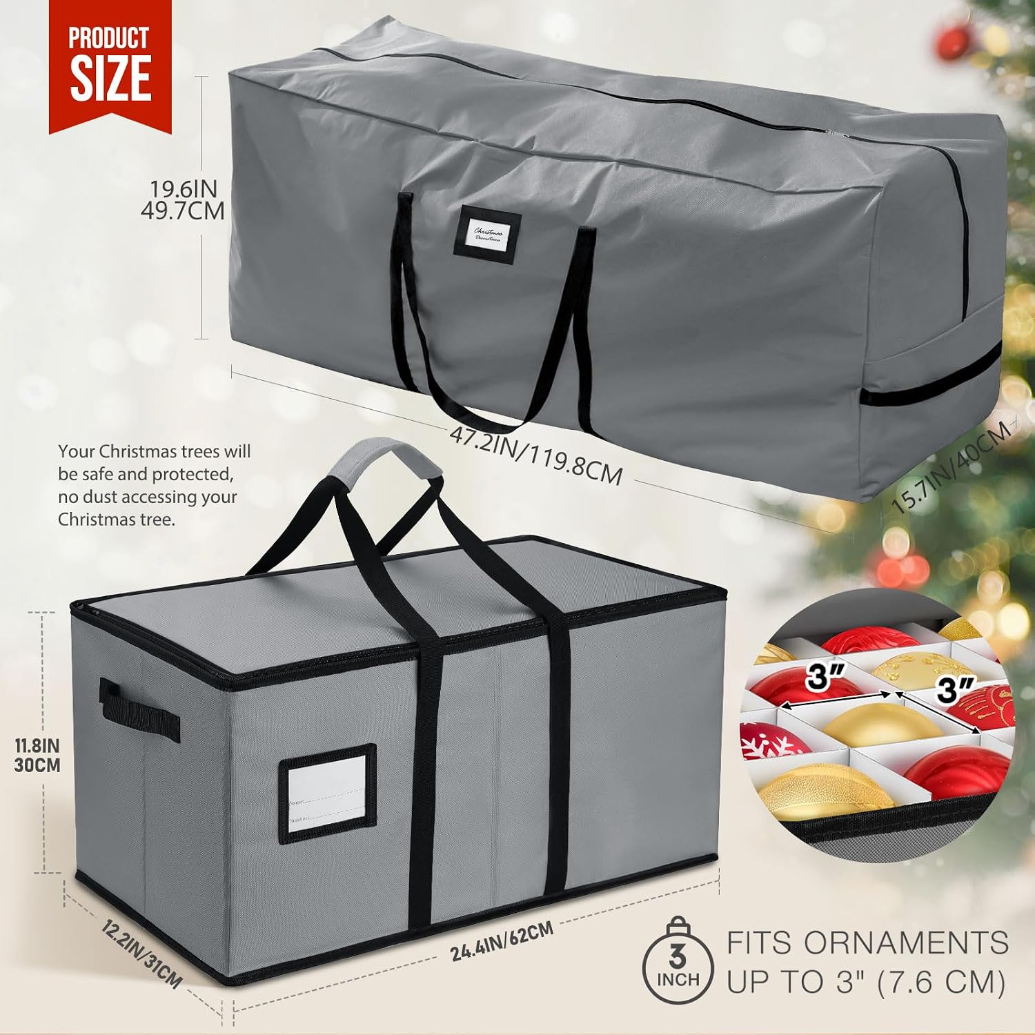 Hatisan 2Pcs Christmas Tree Storage Bag for 7.5ft Artificial Trees with Christmas Ornament Storage Box, Sturdy Waterproof Material, Zippered Bag, Stitched Reinforced Carry Handles(Grey, 7.5 ft)