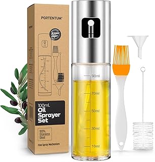 PORTENTUM Pulvérisateur d’Huile 100 ml en Inox, Huile Spray Cuisine et Friteuse à Air, Huilier en Verre avec Accessoires Antigoutte