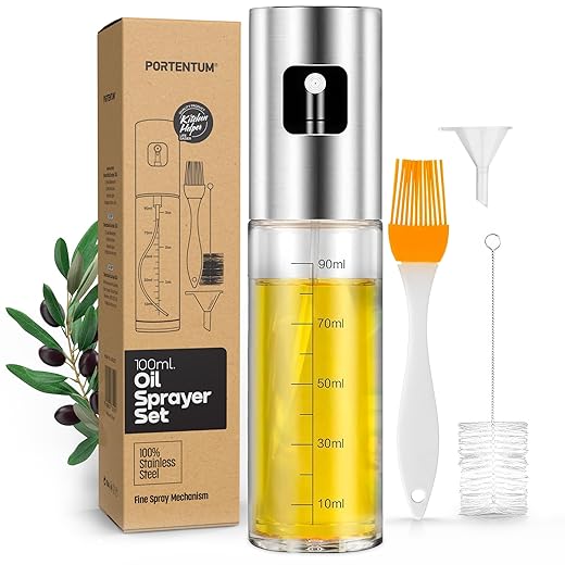 PORTENTUM Olive Oil Spray Bottle Stainless Steel 100ml Leak Proof Oil Bottle with Accessories, Oil Sprayer for Kitchen, BBQ, Salad and Air Fryer