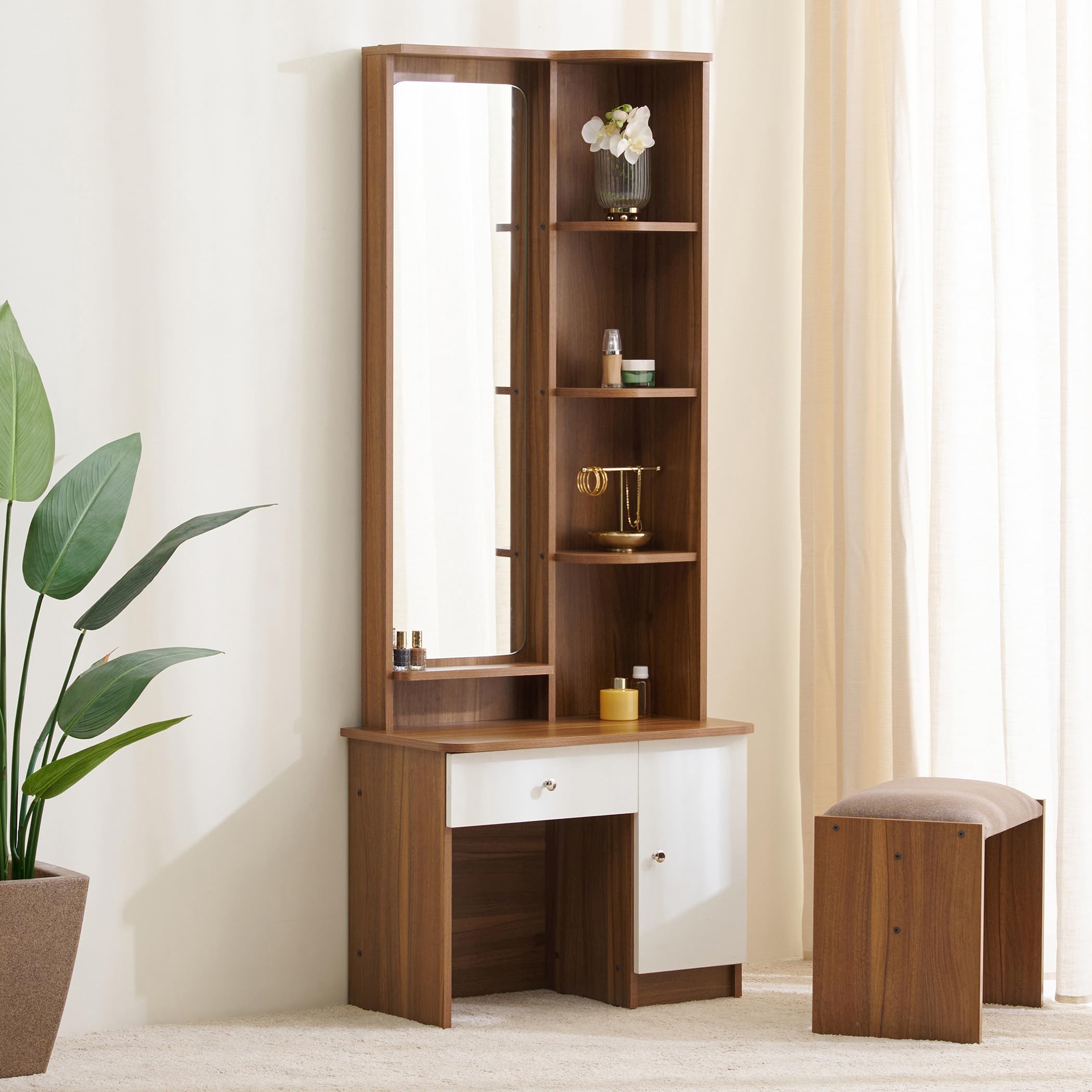 Home Centre Helios - Nolan Dresser with Mirror - Teak + White | Engineered Wood | Teak-image-8