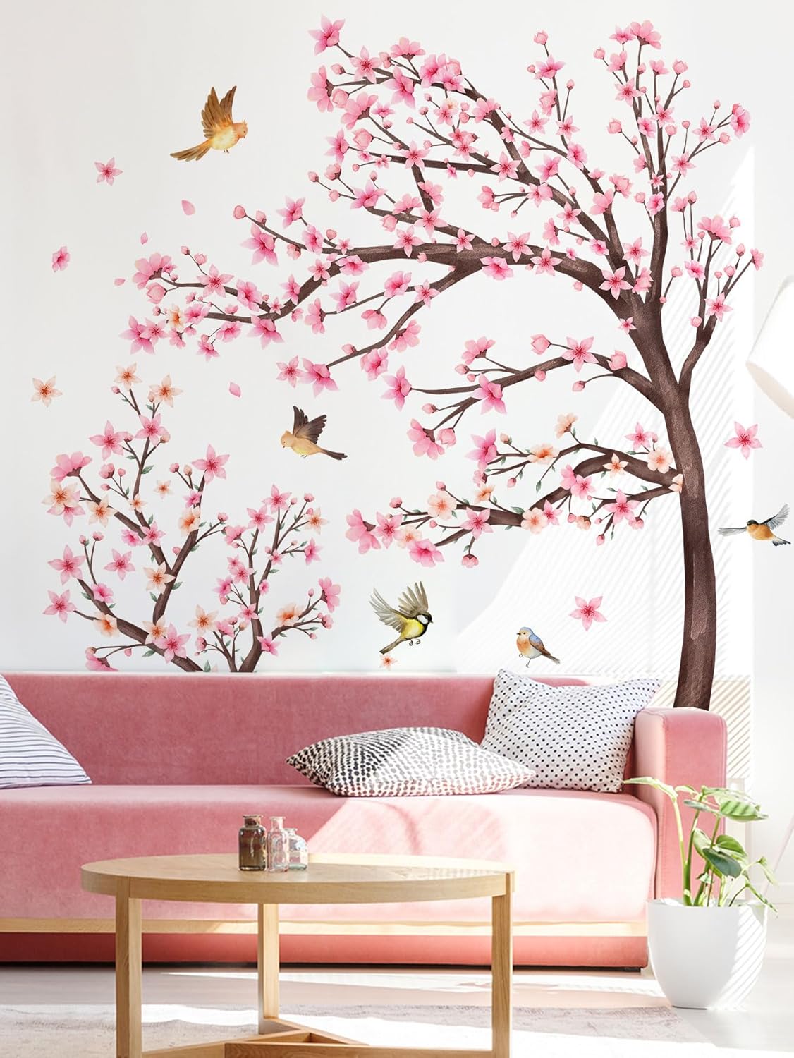 Pink Cherry Blossom Tree Wall Stickers -Large Branch Flower Bird Peel & Stick Removable Wall Decal for Sofa Bedroom Living Room Wall Decor,109 cm x 171 cm