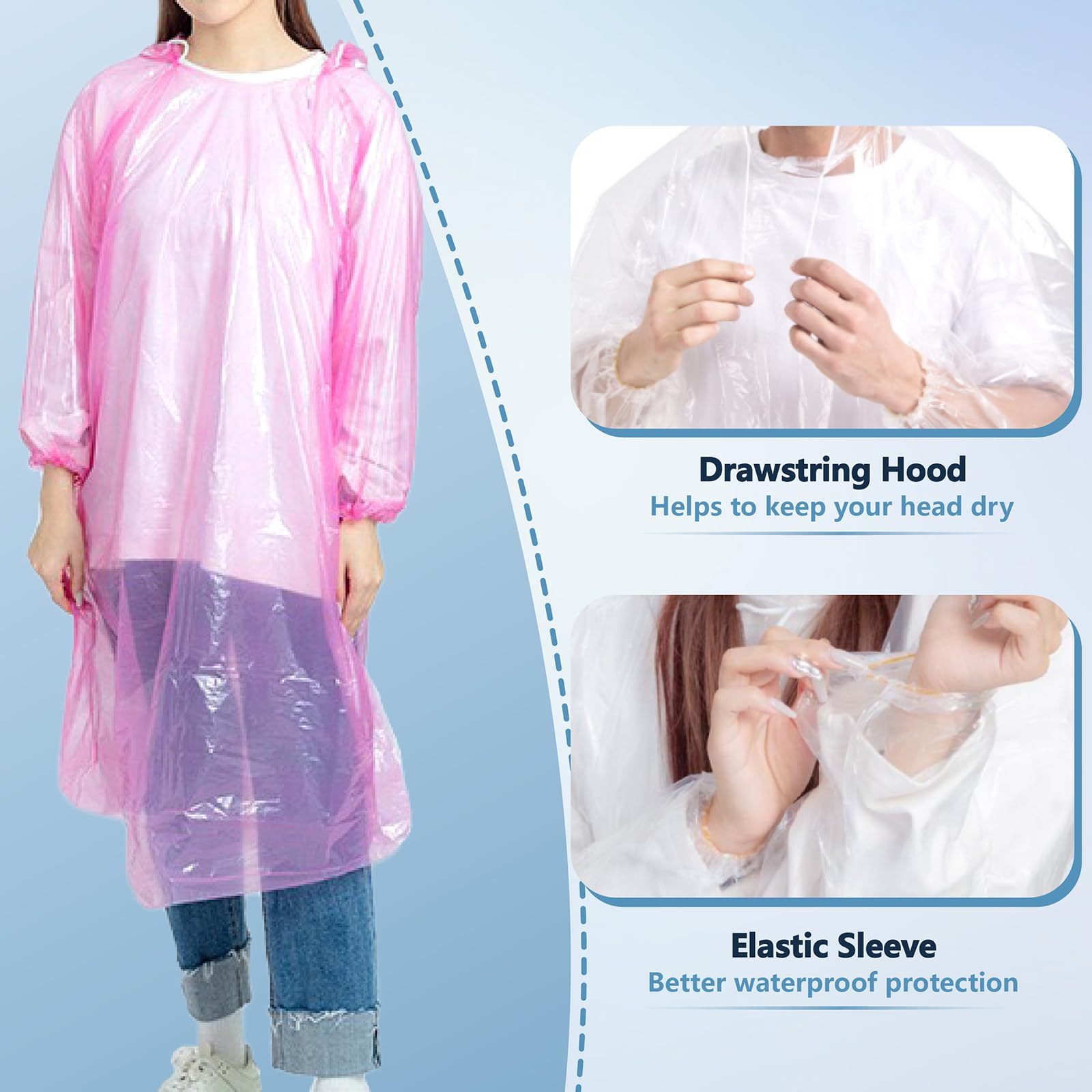 Set di 7poncho antipioggia trasparente poncho pioggia donna uomo impermeabile con cappuccio trasparente e polsini elastici, impermeabile monouso per escursioni in bicicletta campeggio,