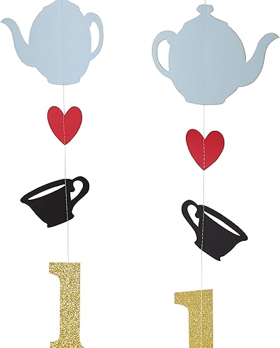 Miniatura 7 de Decoración de pared de Alicia en Onederland, guirnalda de té para dos, telón de fondo de fotos de primer cumpleaños, pancarta azul para silla de