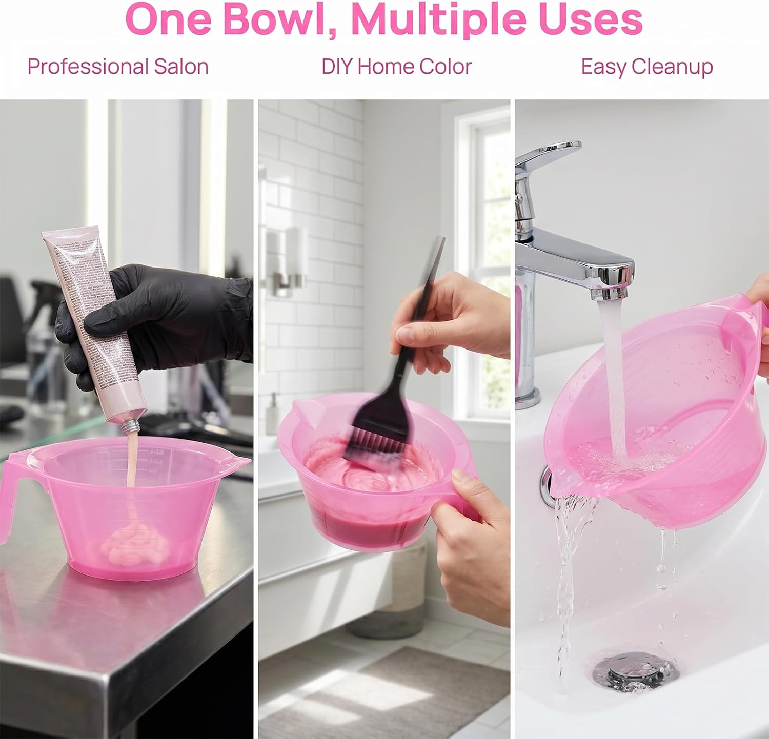 KALLORY Hair Dye Bowl, 3PCS Plastic Hair Color Mixing Bowls with Handle, Color Mixing Tint Bowls for Professionals and Stylists, Stackable DIY Hair Colors Mixing Tool for Salon Hairdressing(Pink)