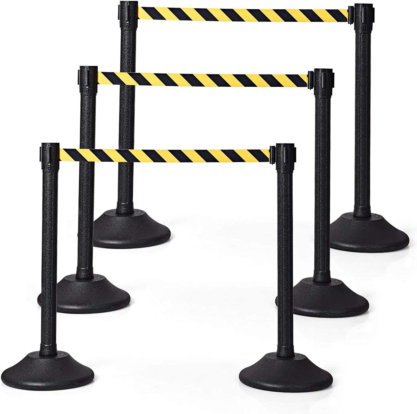 COSTWAY Belt Stanchion Sets, Crowd Control Barriers with 190cm Retractable Belts, 4 Way Combinable Poles,Queue Safety Barrier Stands for Museum, Airport, Hotel, Bank (3 sets, Black+Yellow)