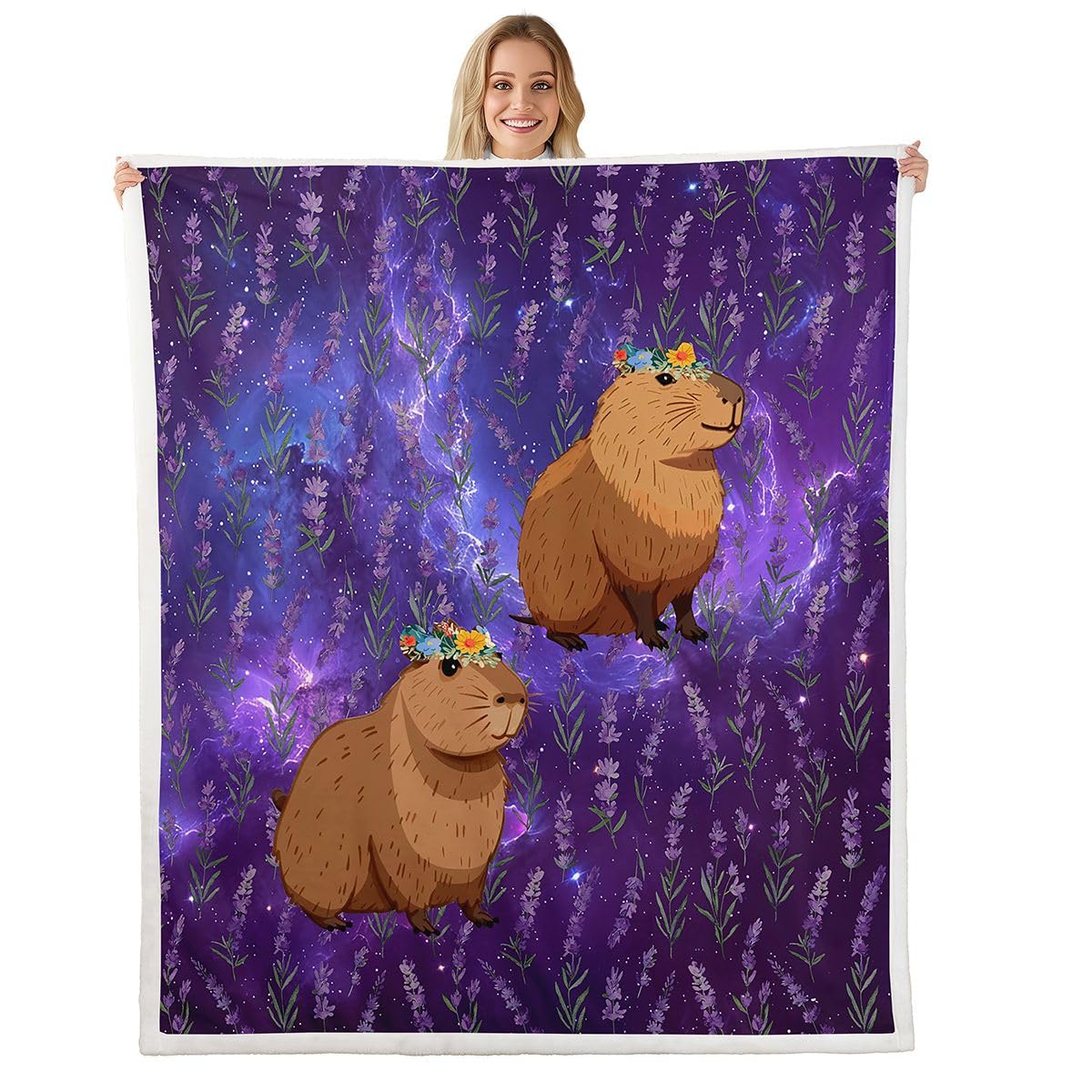 Piękny koc polarowy Capybara, rozmiar bliźniaków, ładny, fioletowy, wymarzony kwiat, dla nastolatków, romantyczne gwiaździste niebo, urocze zwierzęta, dekoracja domu do biura