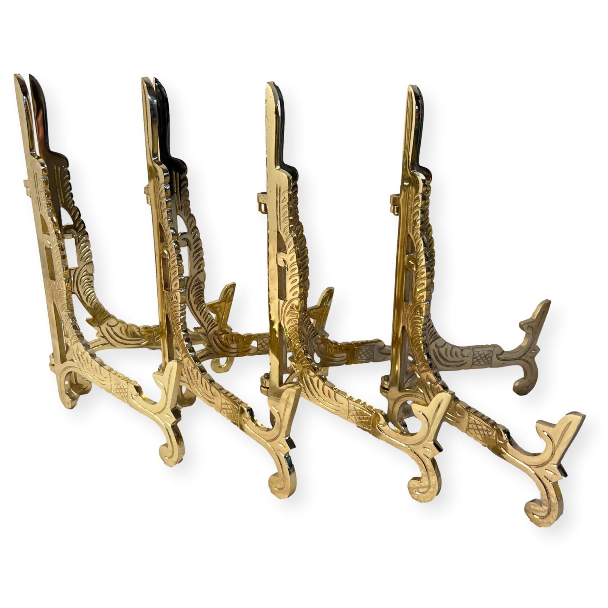 Thorness Juego de 4 caballetes de metal grandes de 25,4 cm con acabado de latón | Soporte para platos | Soporte de exhibición | Soportes de marco de metal para fotos y platos decorativos | 25 cm de