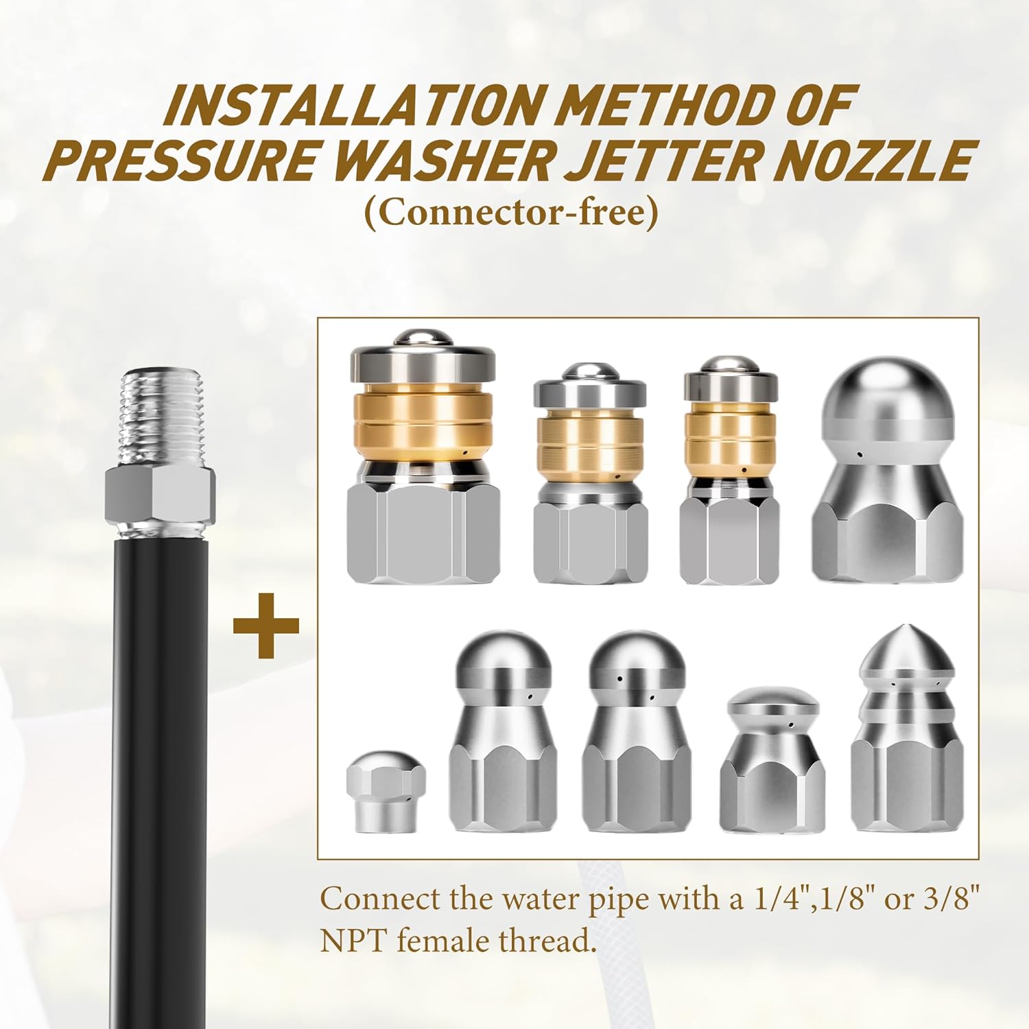 11pcs Sewer Jetter Nozzle Kit Stainless Steel Jetter Heads Kit for Pressure Washer, 1/4" & 3/8" NPT Quick Connectors Drain Cleaning Nozzle Tips with 5 Needles up to 5000 PSI