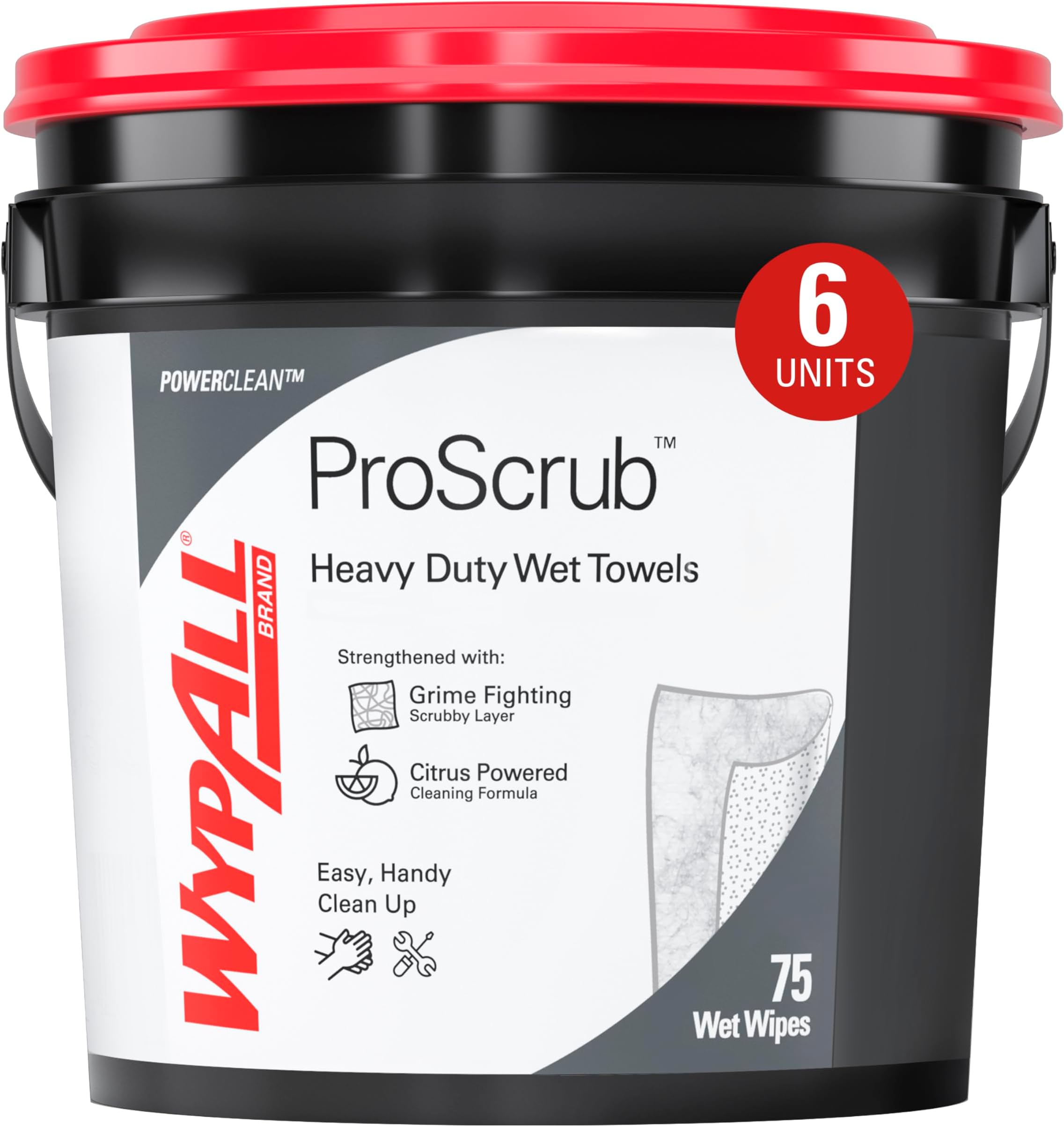 WypAll PowerClean ProScrub Heavy Duty Wet Towels, 6 x 75 Sheets (91371) | Bucket Included, Dual-Textured, Smooth & Scrubby, Ideal for Rapid Clean-Up of Hands, Tools and Workstations