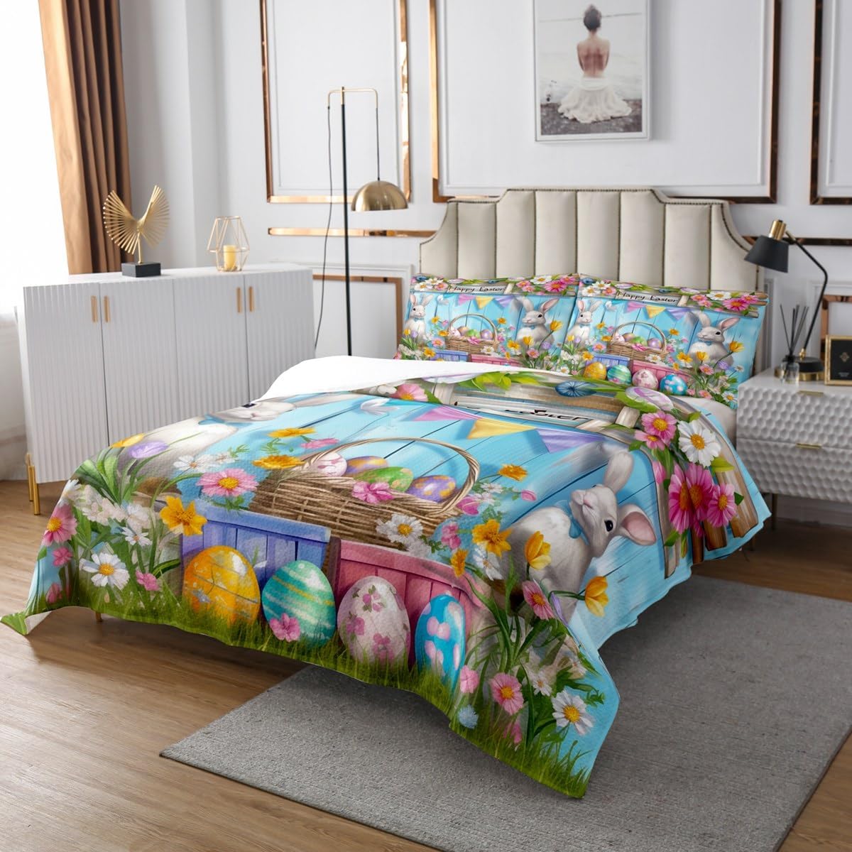 Cute Rabbit Bedspread King Size,Happy Easter Rabbit Quilt for Kids Boys Girls Room Decor,Spring Garden Flower Bedding Set 3Pcs,Easter Egg Animal Floral Blue Coverlet Set,2 Pillowcases