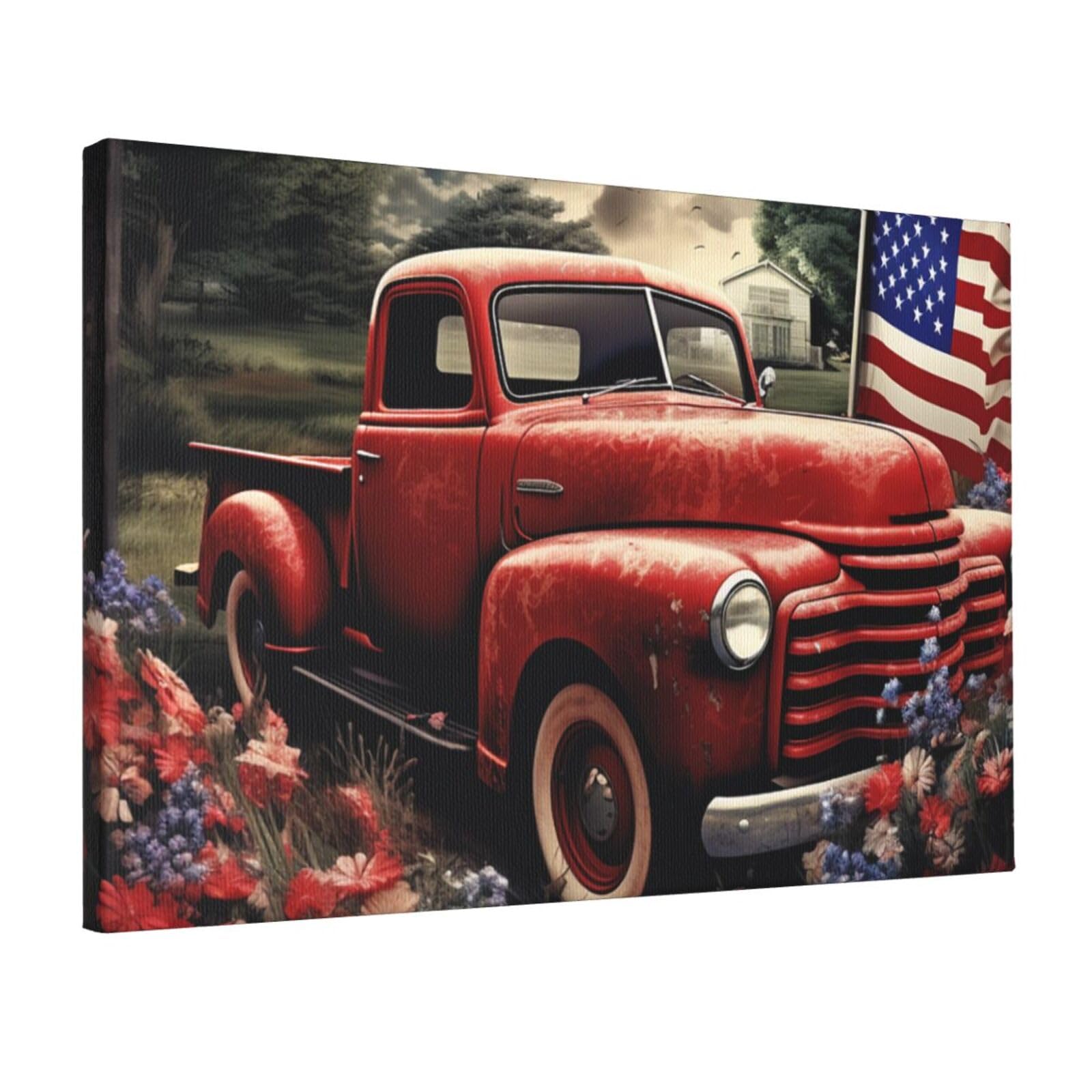 KLOPH 4th Of July Patriotic Old Red Truck Canvas Wall Art for Living Room 12"x18" Modern Artwork Painting for Bathroom Hanging Canvas Prints Aesthetic Wallart for Bedroom Kitchen Office Wall Decor