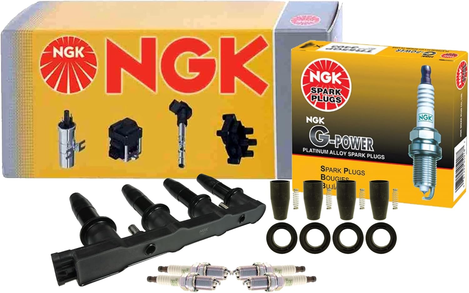NGK Ignition Coil 4 Boots & 4 G-Power Platinum Spark Plugs Kit For Chevrolet L4