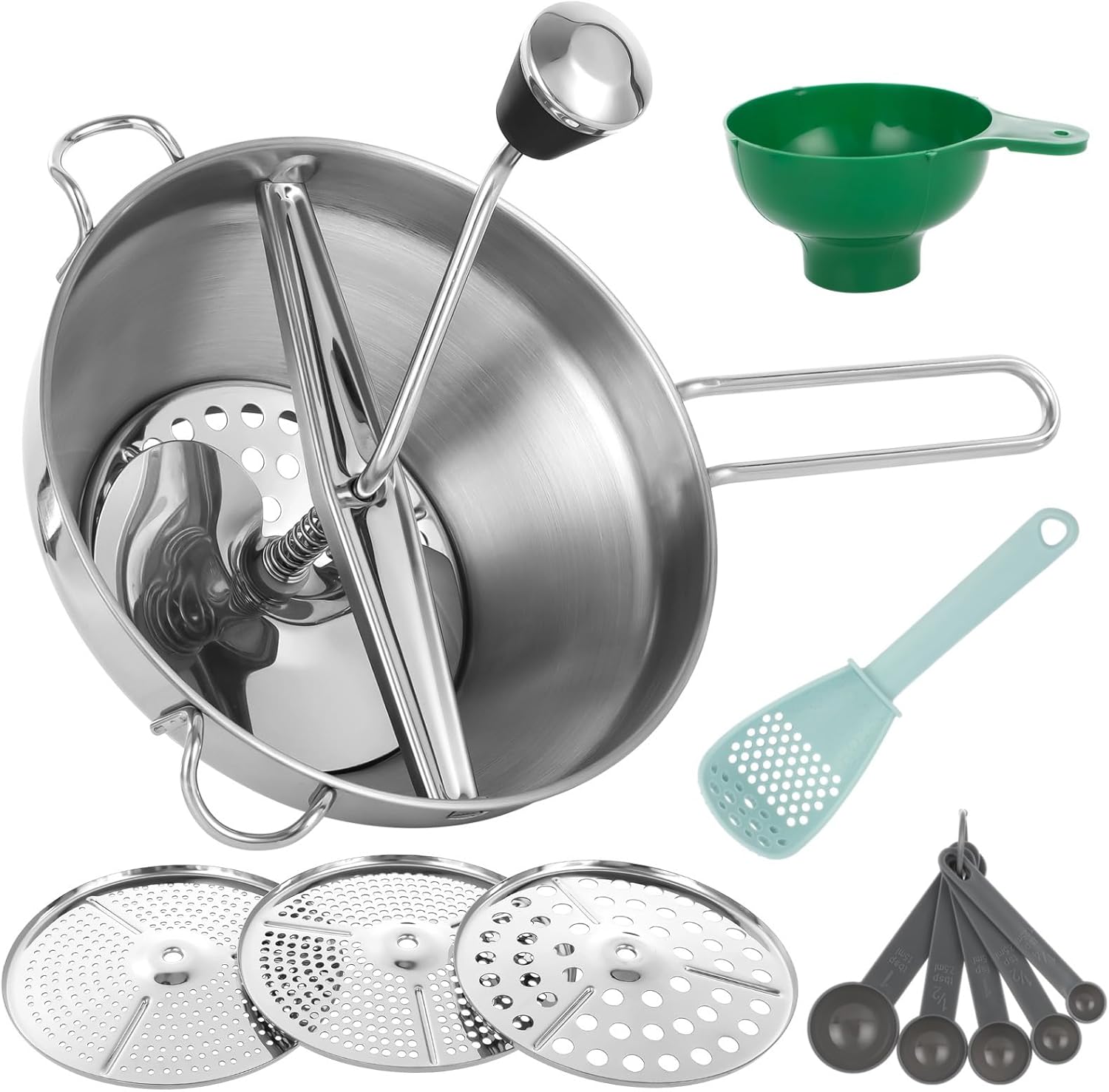 Food Mill for Tomato Sauce, Potatoes, Jams - Stainless Steel Set with 3 Discs, Hand Crank, Wide Mouth Funnel, Measuring Spoon Set, Mixing Spoon