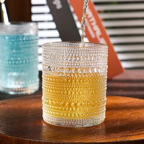 Miniatura 5 de Ymyaye Paquete de 8 vasos para beber, 4 vasos altos y 4 vasos de rocas, cristalería transparente vintage, juego de 8, vasos de vidrio de primera