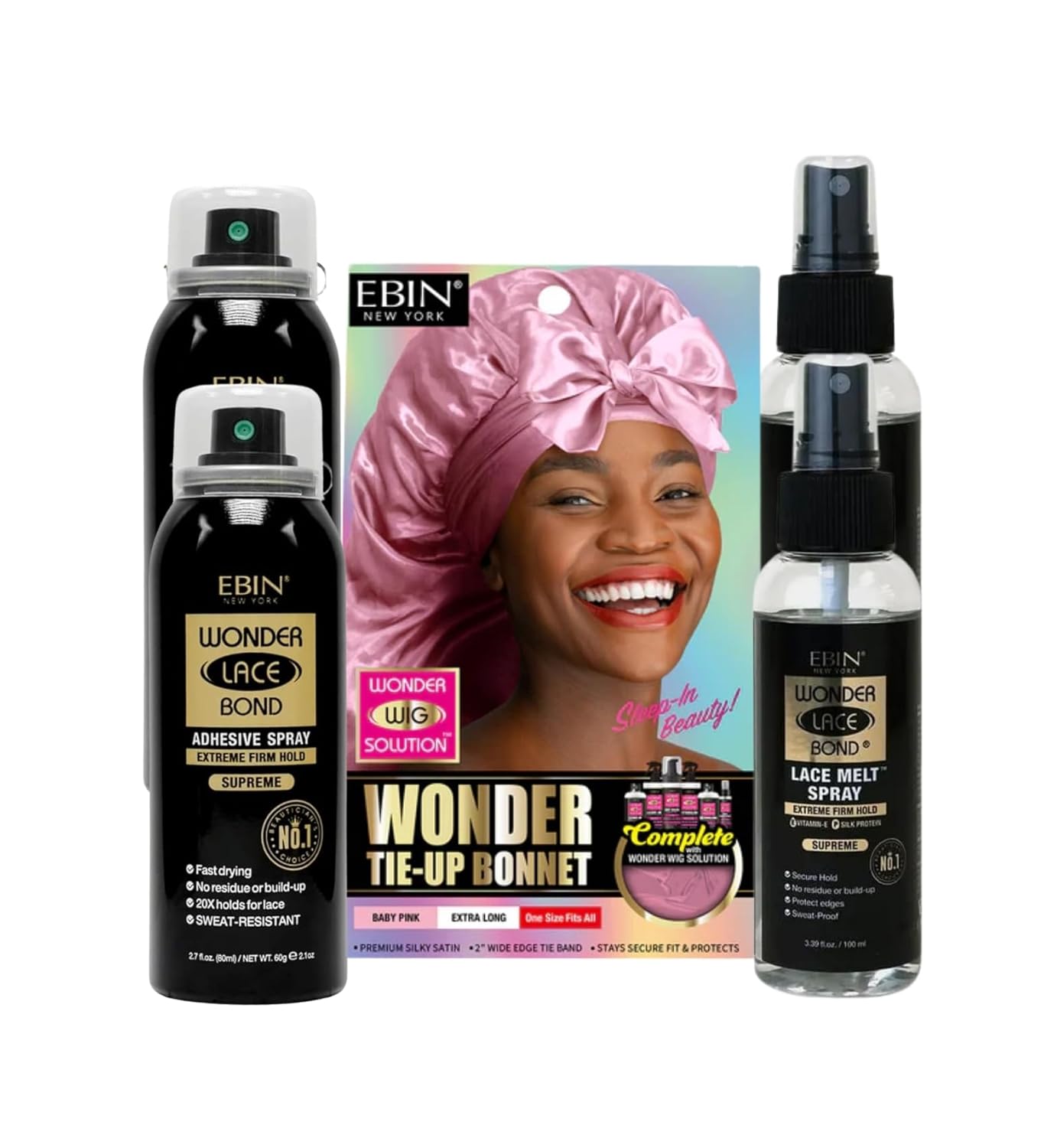 Melting Spray – 2X Wonder Lace Bond Wig AdhesiveSpray Supreme 2.7oz Bundle with 2X Lace Melt Spray Mini Supreme 8oz and Satin Tie-Up Bonnet Baby Pink Extra Long by EBIN NEW YORK – Gift Set (5 Items)
