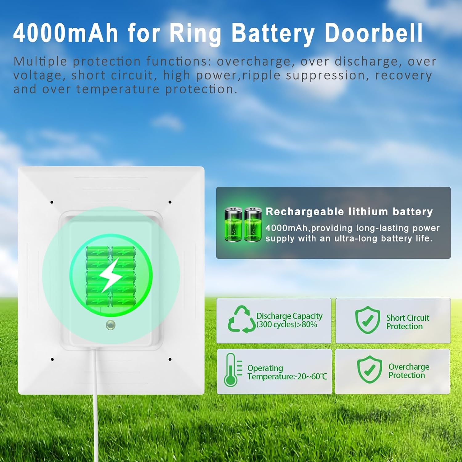Solar Charger for Ring Doorbell with Built-in 4000mAh Battery – Solar Panel Compatible with Ring Battery Doorbell Pro/Plus and Video Doorbell 4/3 Plus/ 3, Weatherproof Continuous Charging