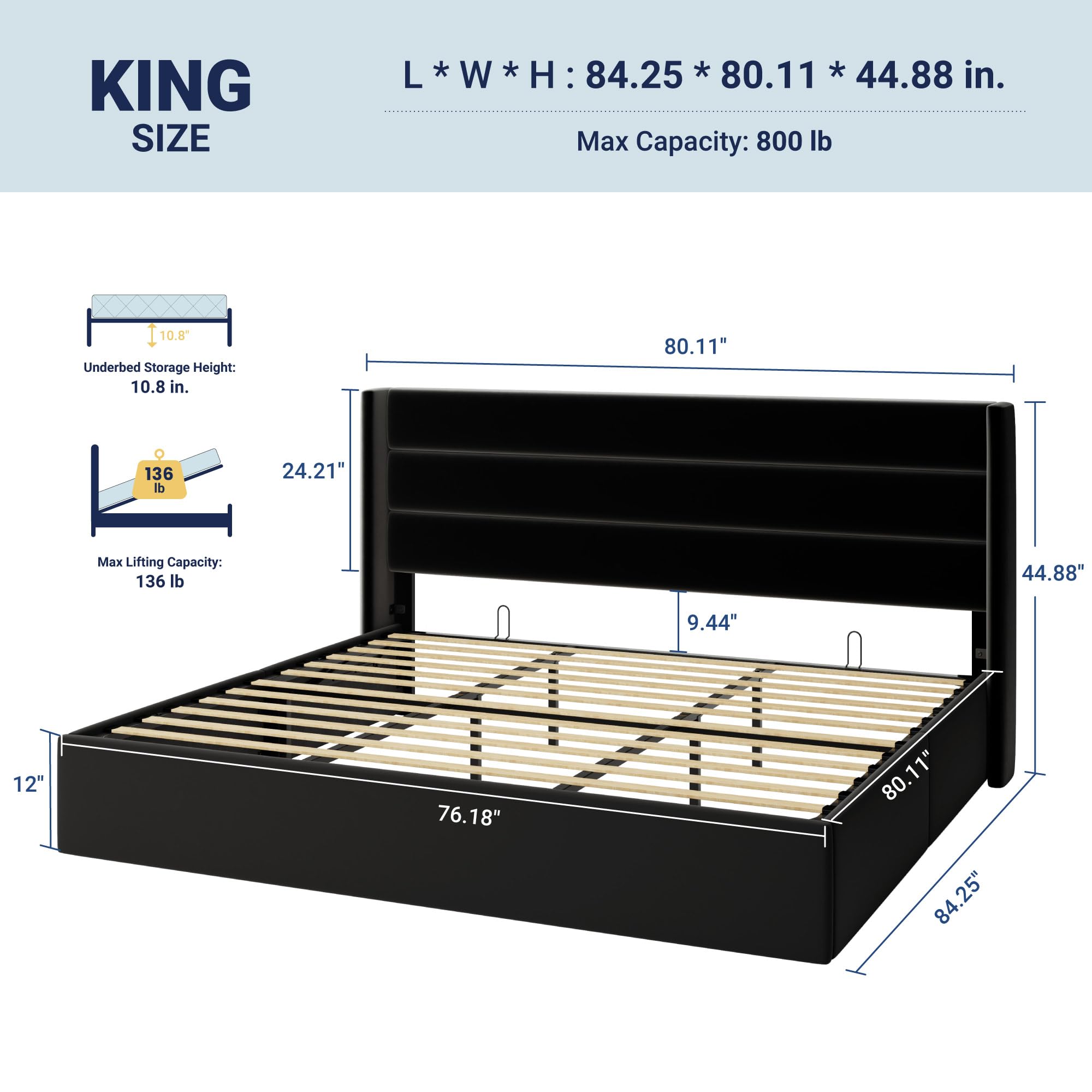 Allewie King Size Velvet Lift Up Storage Bed, Modern Wingback Headboard, Hydraulic Support, No Box Spring Needed, Black - 3