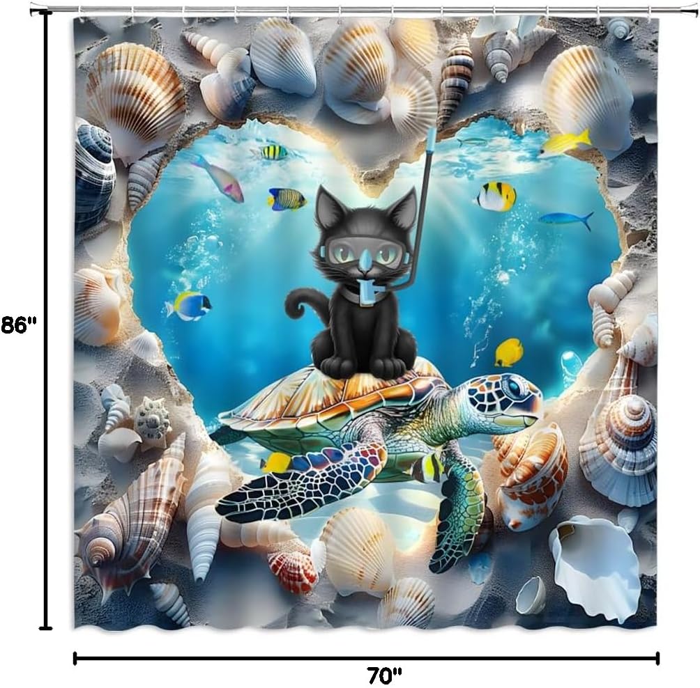 Funny Cat Shower Curtain Nautical Sea Turtle Ocean Beach Coastal Tropical Fish Seashell Blue Sea Creative Bathroom Decor Curtains Set with Hooks, 86" x 70"