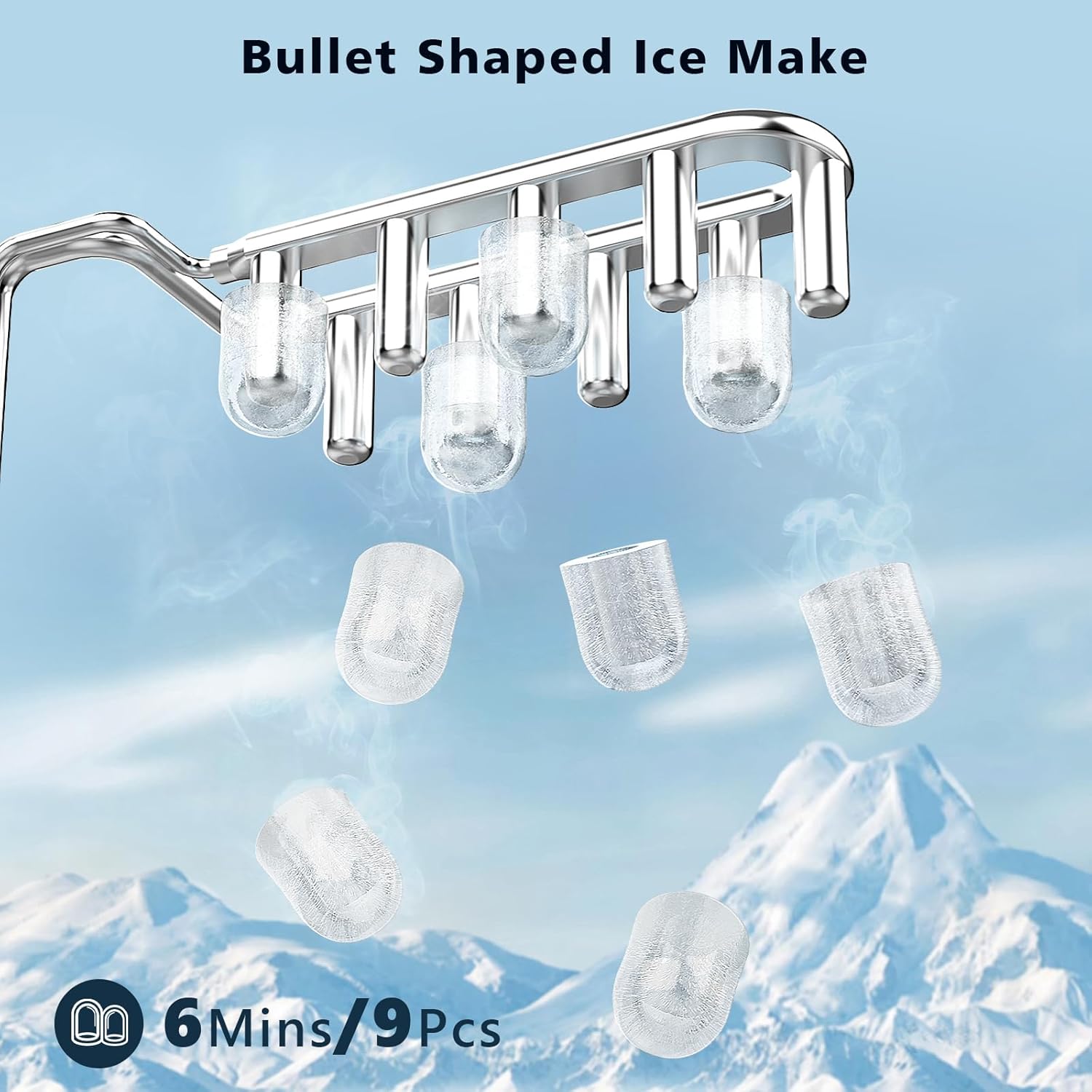 Bullet-shaped ice cubes being formed by the ice maker