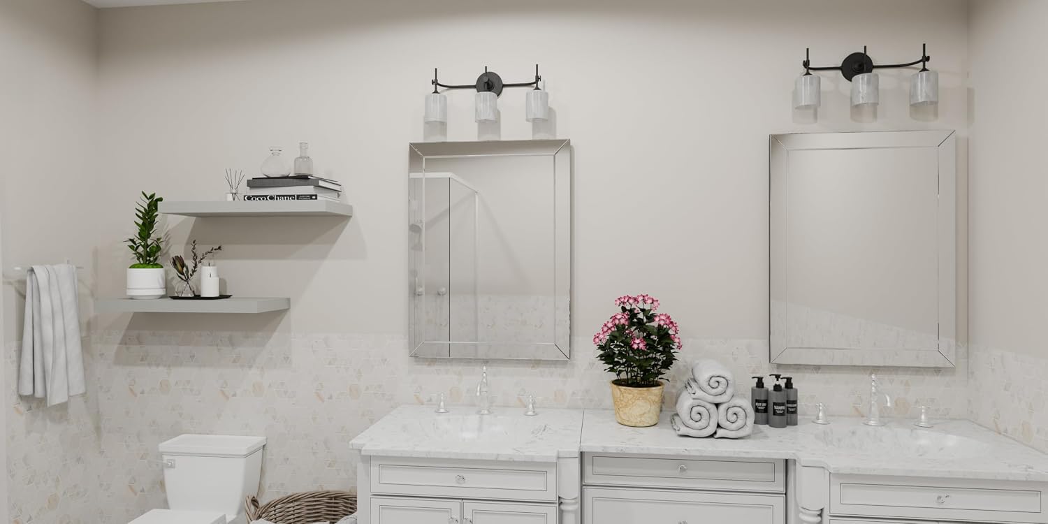 Quoizel Aria Mid-Century Modern Bath Vanity Lights, 23 Inch 3-Light Matte Black Bathroom Lighting Fixtures Over Mirror, Marble Shades, 100W, Wall Mount Light for Bathrooms, Kitchen or Hallway