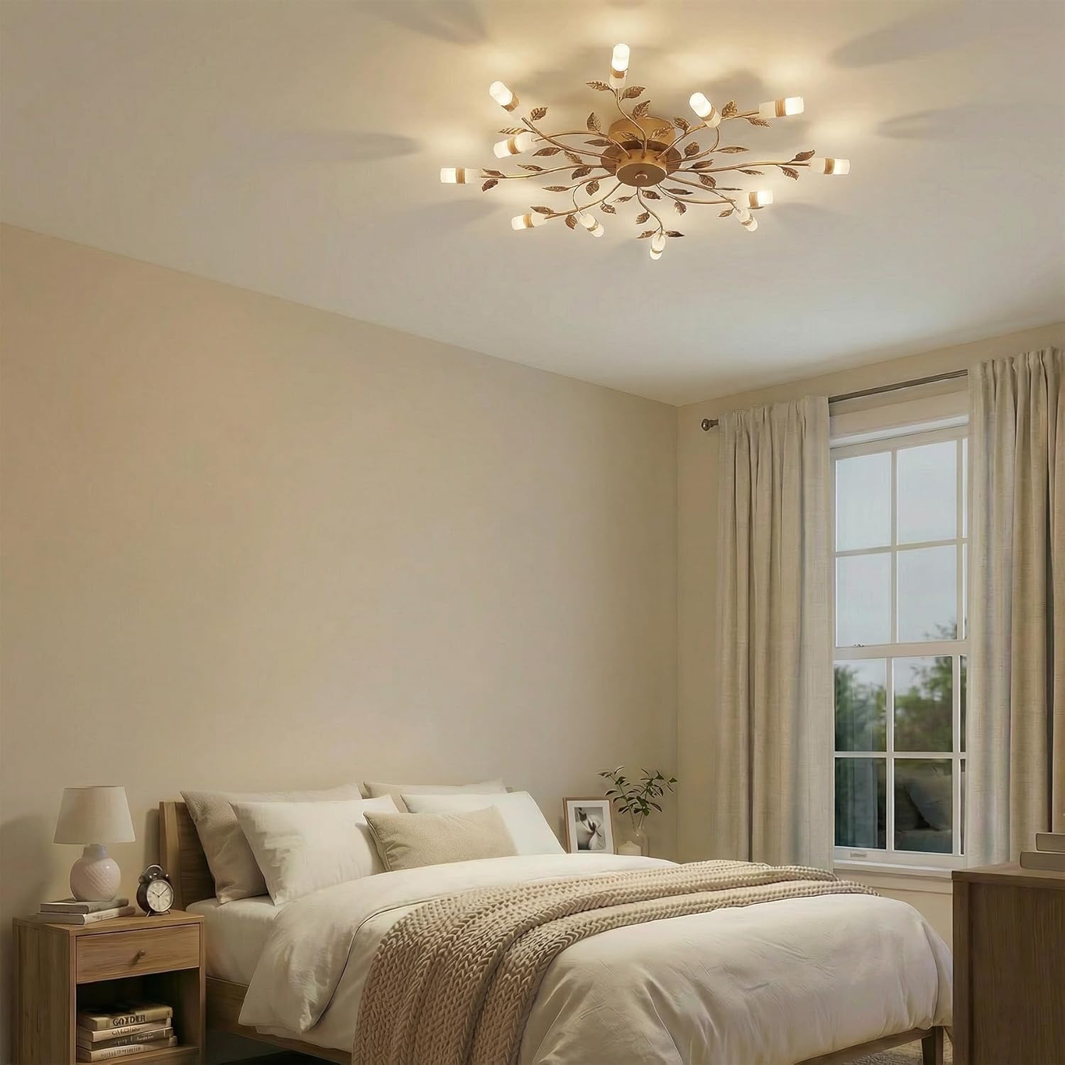 31.5" Rustic Floral Ceiling Chandelier, 12-Light LED, Bronze Finish Close to Ceiling Light Fixture for Bedroom Living Room Dining Room Entryway, Warm White 3000K, Shallow Height