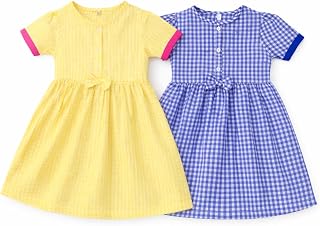 Girls Muslin Cotton Dress Combo Pack of 2 | Soft Breathable Summer Frocks | Half Sleeve Casual Yellow Stripe & Blue Check Price In India