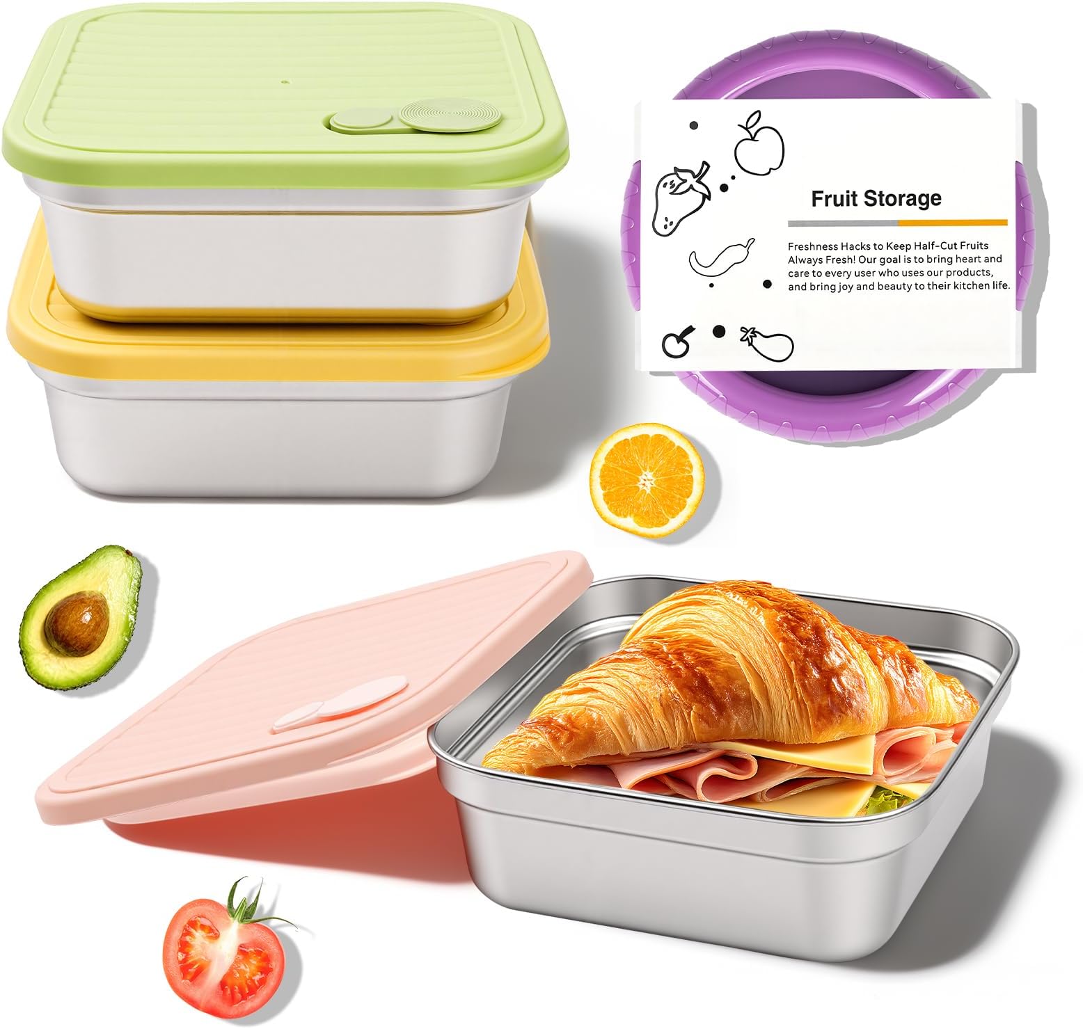 3Pc Sandwich Containers and Fruit Storage Storage, 20oz 304 Stainless Steel Sandwich Box with Lids, Reusable Metal Meal Prep Lunch Boxes, BPA-Free, Food Storage Containers for Snacks & Fruits