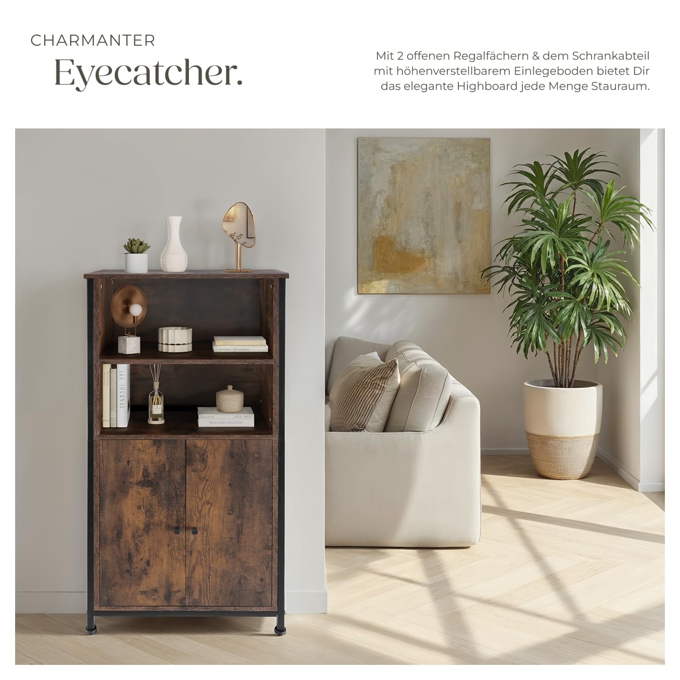 tectake® Industrial Highboard, Kommode mit offenen Fächern und Schrankfach, Sideboard, Flur Möbel, Wohnzimmerschrank, Bücherschrank, schmaler Schrank Schlafzimmer (Industrial Dunkelbraun)