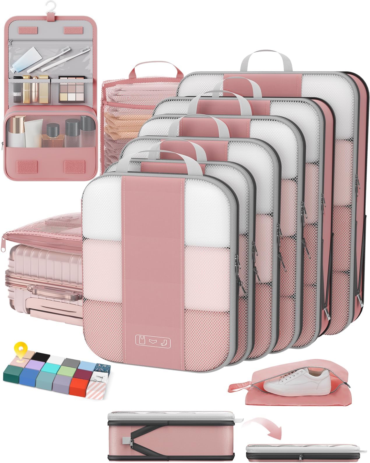10 Set Compression Packing Cubes for Travel Essentials,Compressible Expandable Packing Cubes for Suitcase,OlarHike Luggage Garment Bags for Travel,Handy Helper for Organizing Clothes(Light Coral)