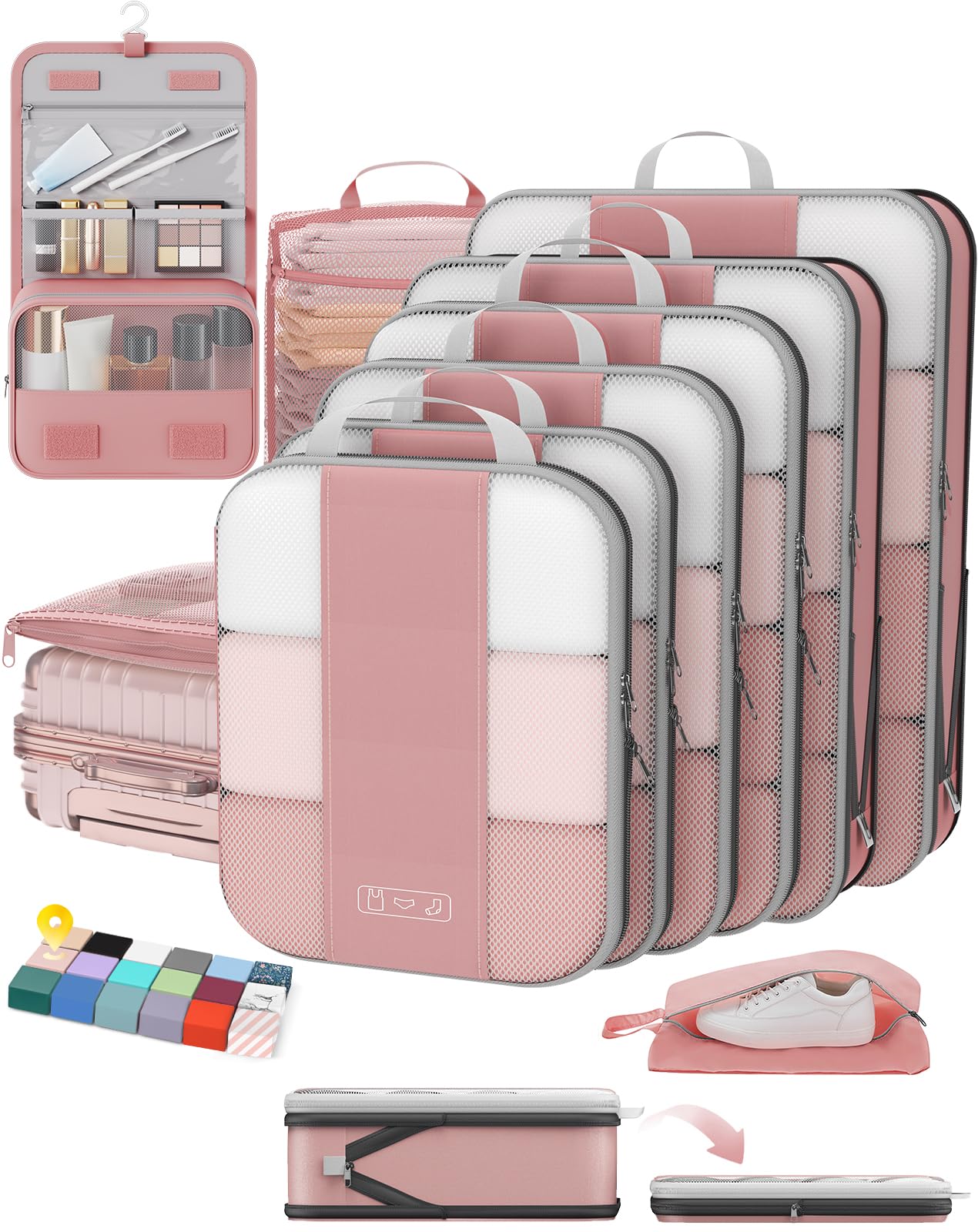 OlarHike 10 Set Compression Packing Cubes for Travel Essentials,Compressible Expandable Space Saver Bags for Organizing Clothes,Luggage Suitcase Garment Bags with Over 1000 pcs Mesh Holes(Light Coral)